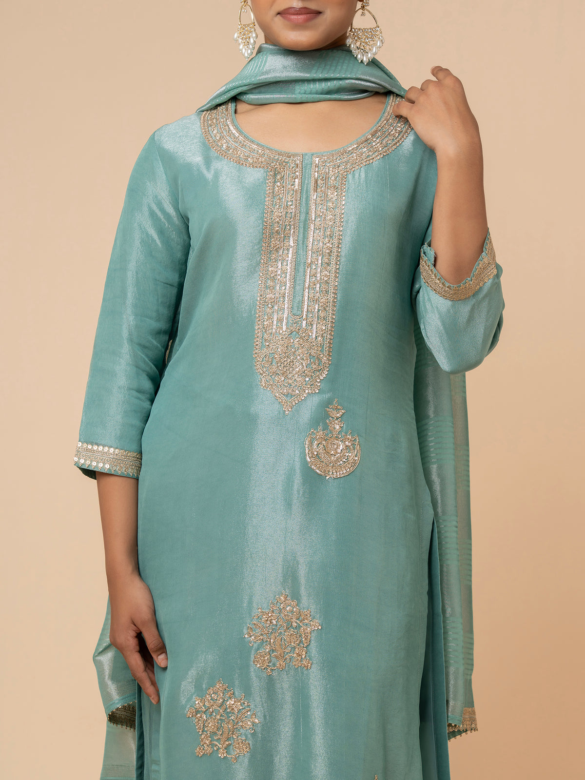 Sea Green Printed Silk Suit Set