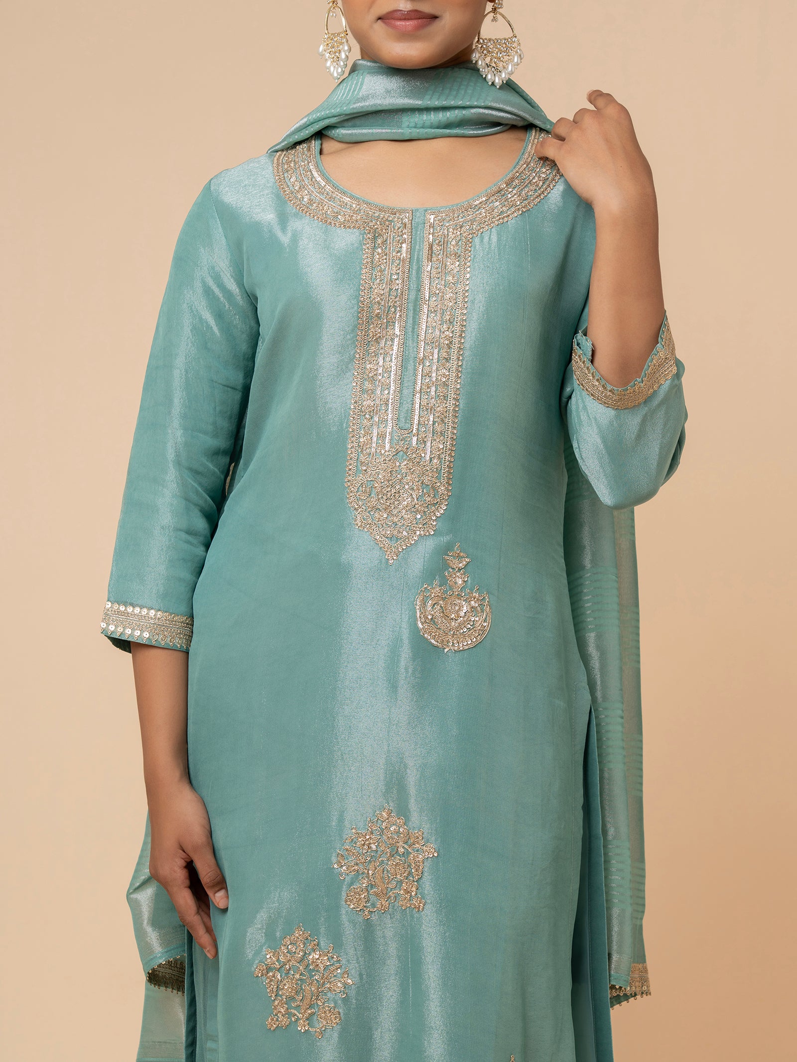 Sea Green Printed Silk Suit Set