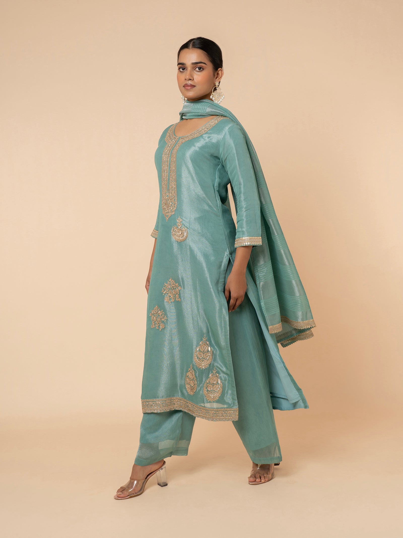 Sea Green Printed Silk Suit Set