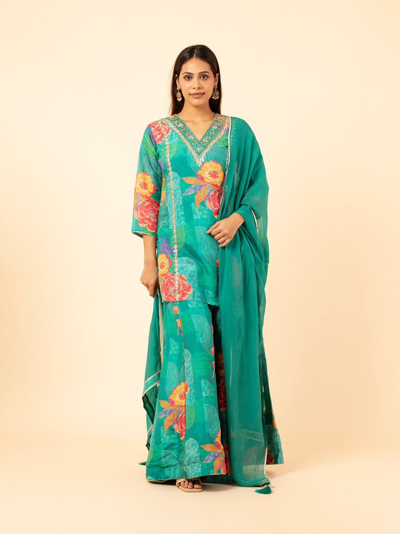 Turquoise Floral Sharara Suit Set