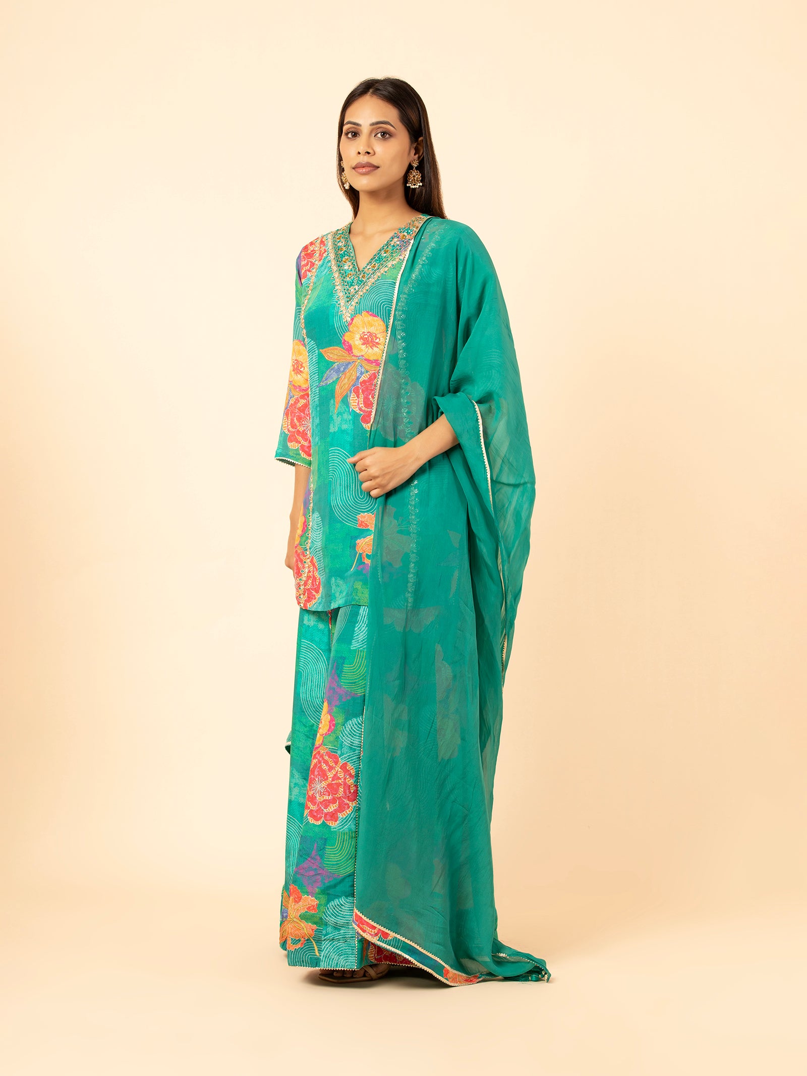 Turquoise Floral Sharara Suit Set