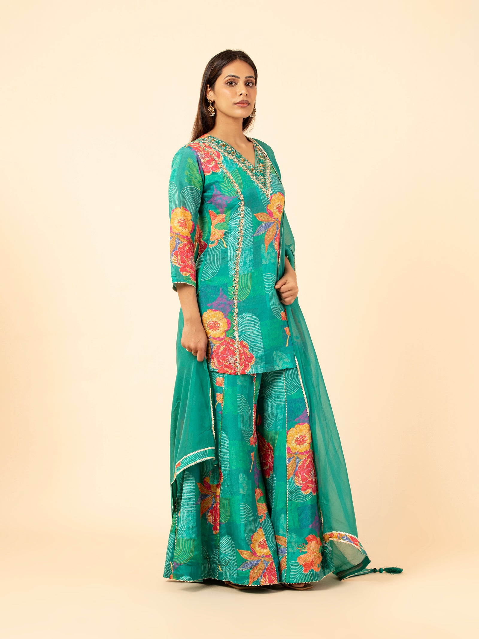 Turquoise Floral Sharara Suit Set