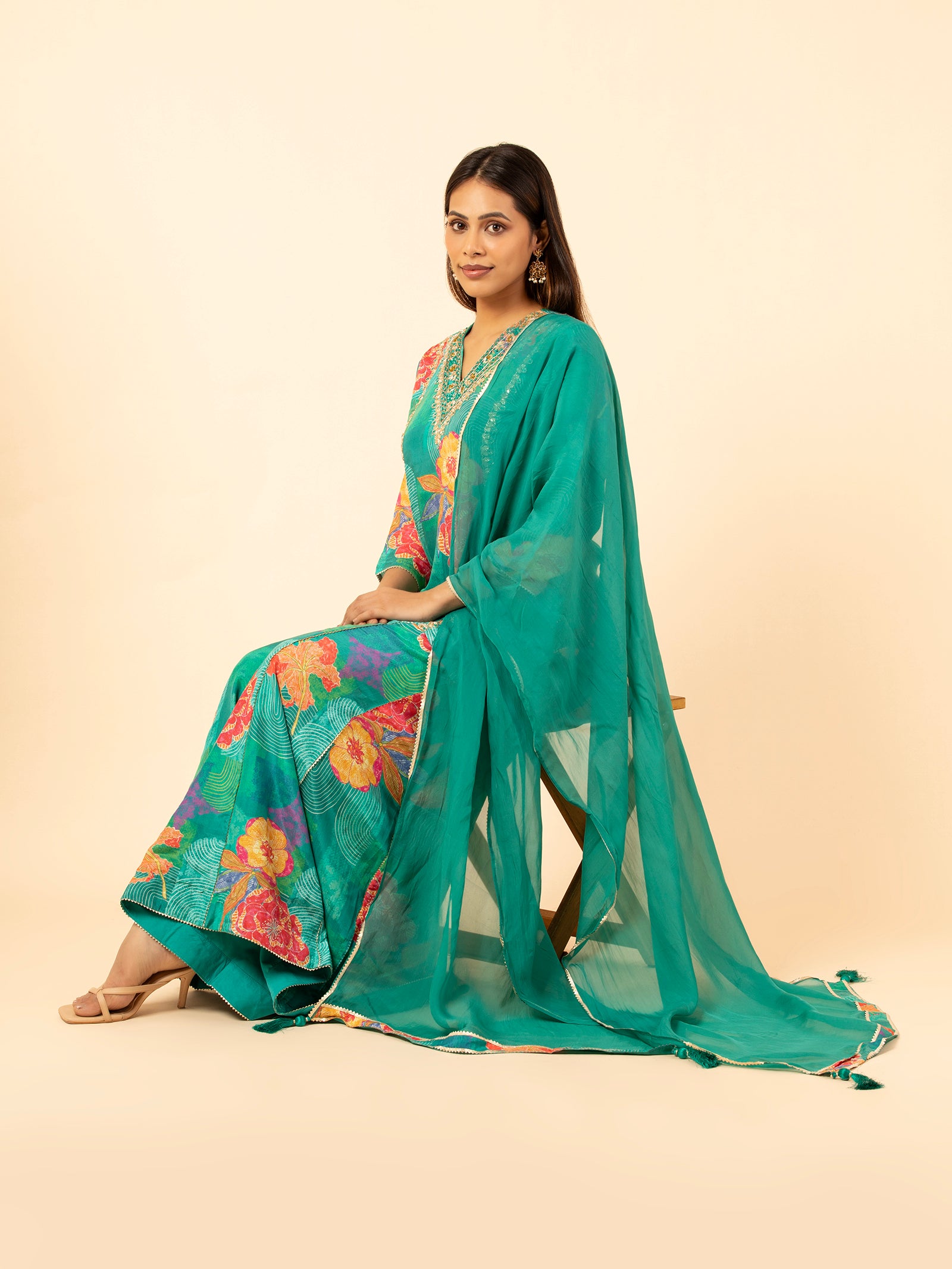 Turquoise Floral Sharara Suit Set
