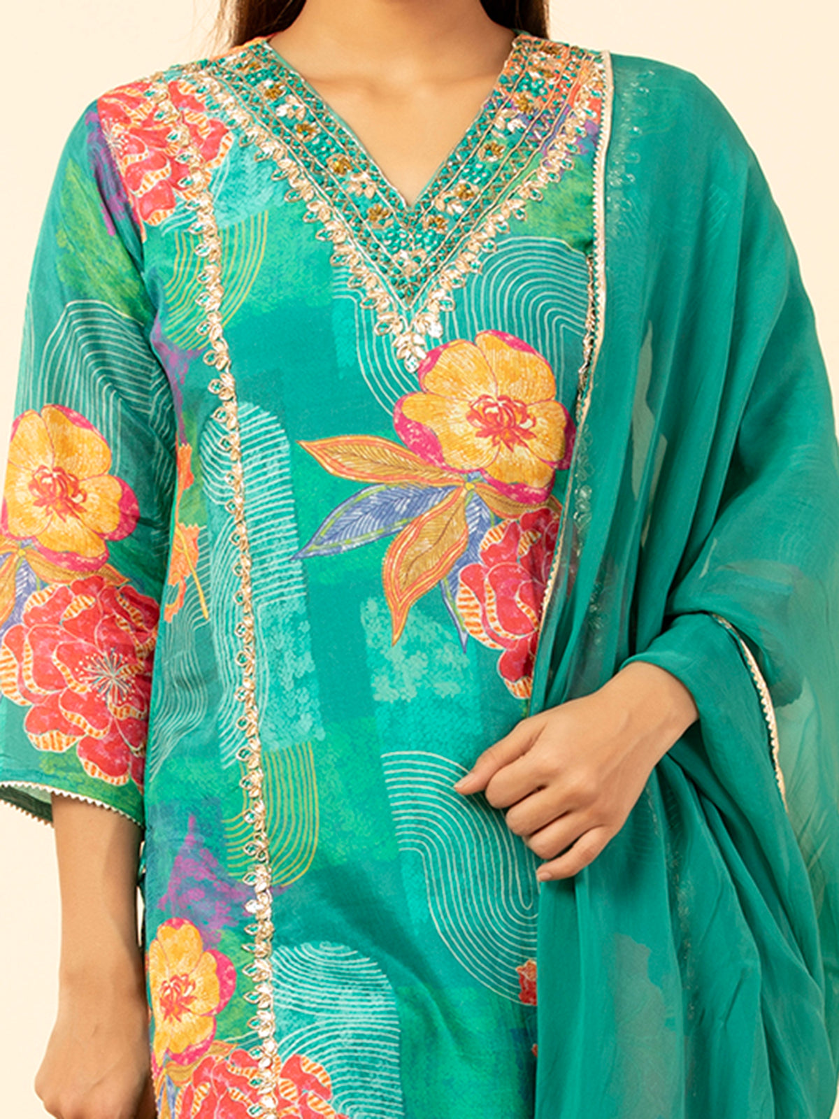 Turquoise Floral Sharara Suit Set