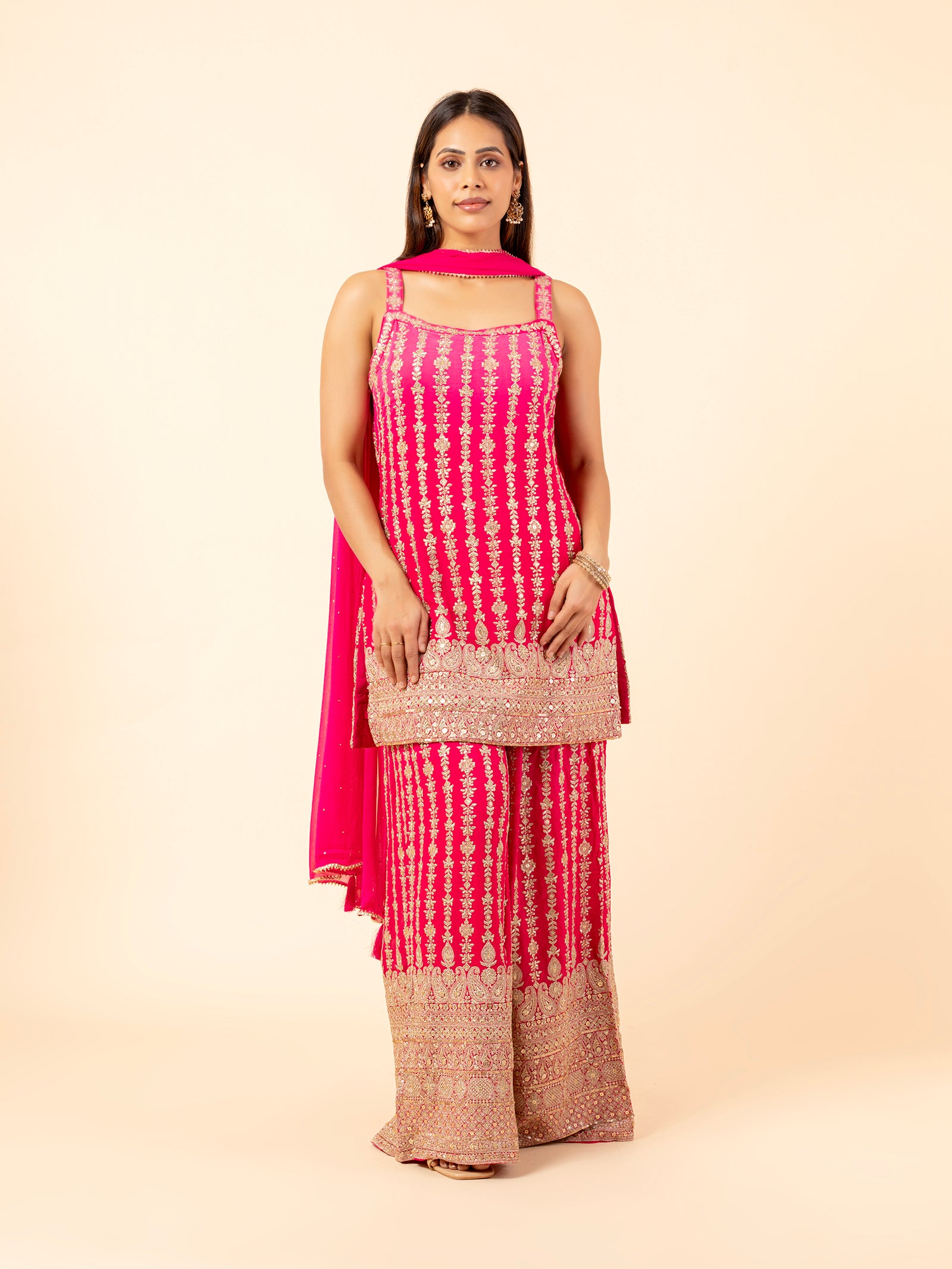 Fuchsia Gilded Floral Vines Sharara Ensemble