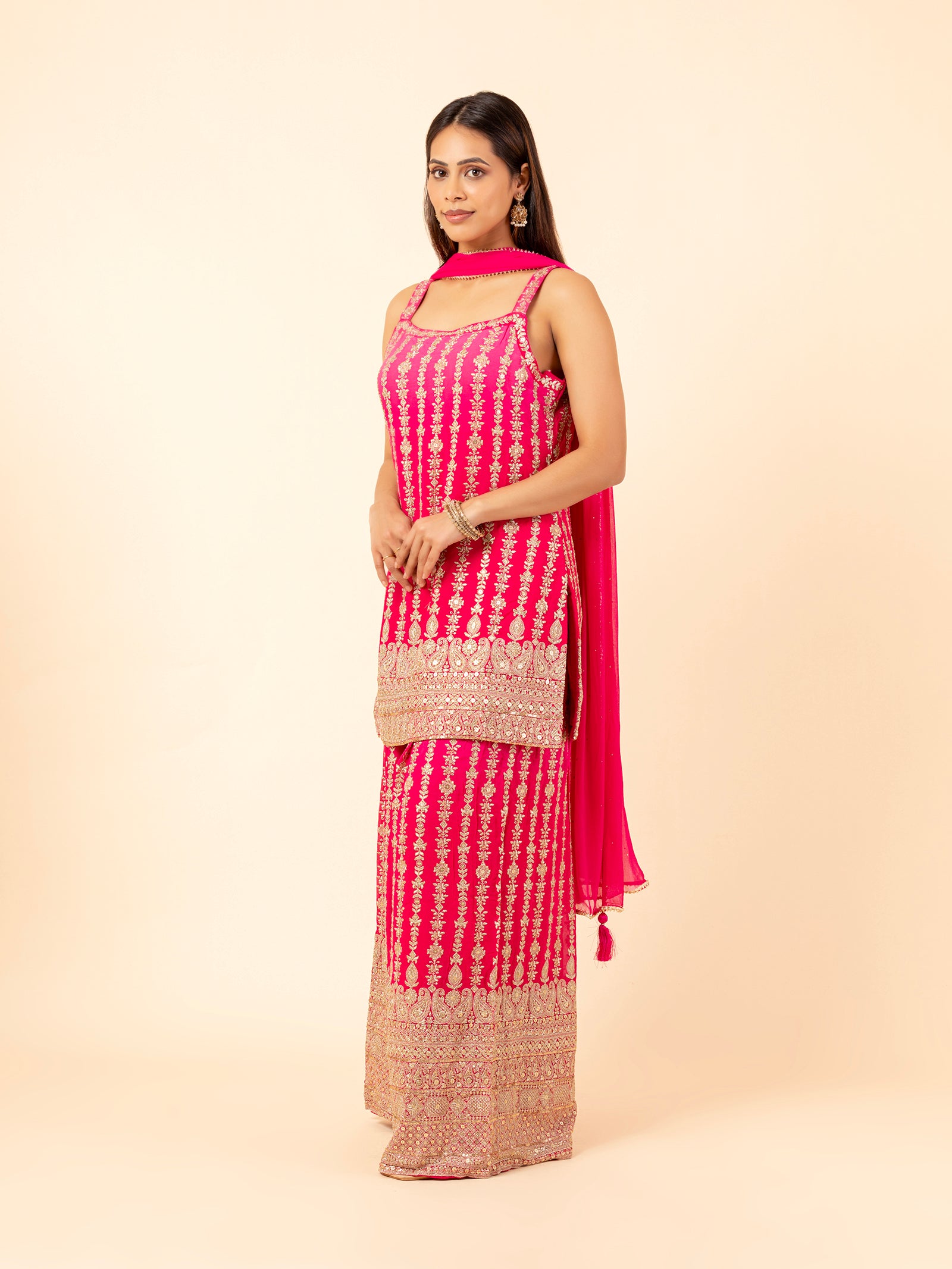 Fuchsia Gilded Floral Vines Sharara Ensemble