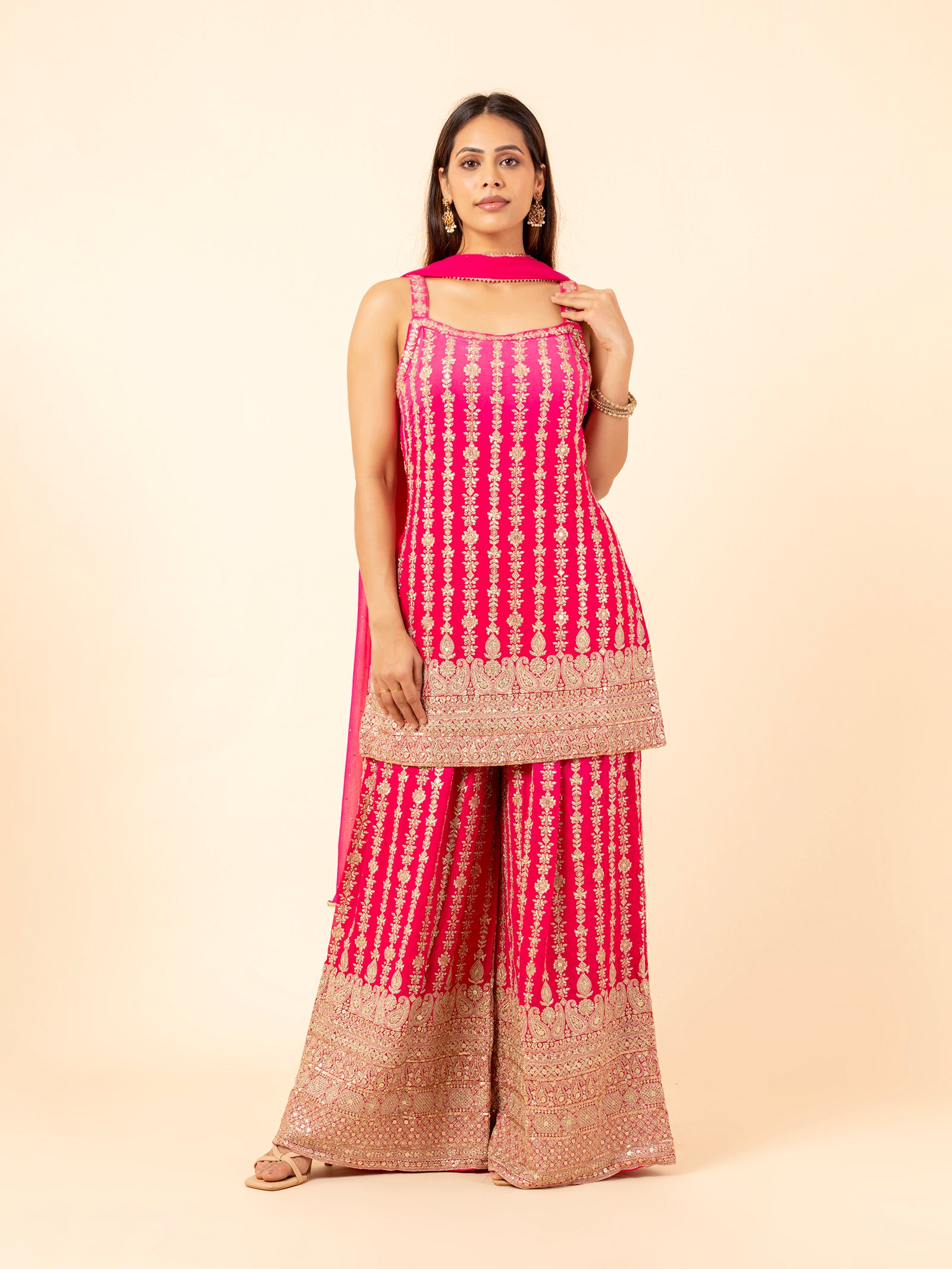 Fuchsia Gilded Floral Vines Sharara Ensemble