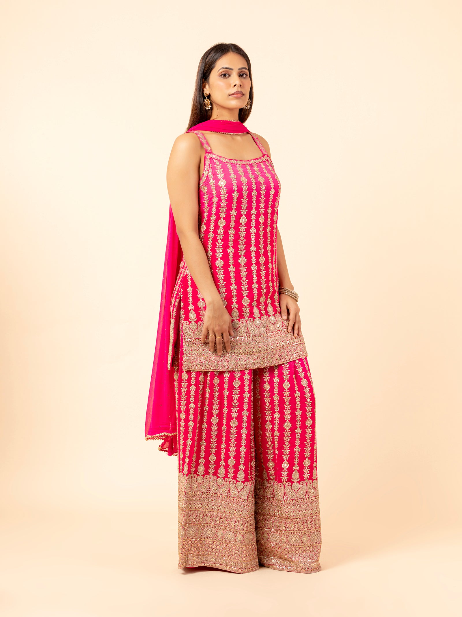 Fuchsia Gilded Floral Vines Sharara Ensemble
