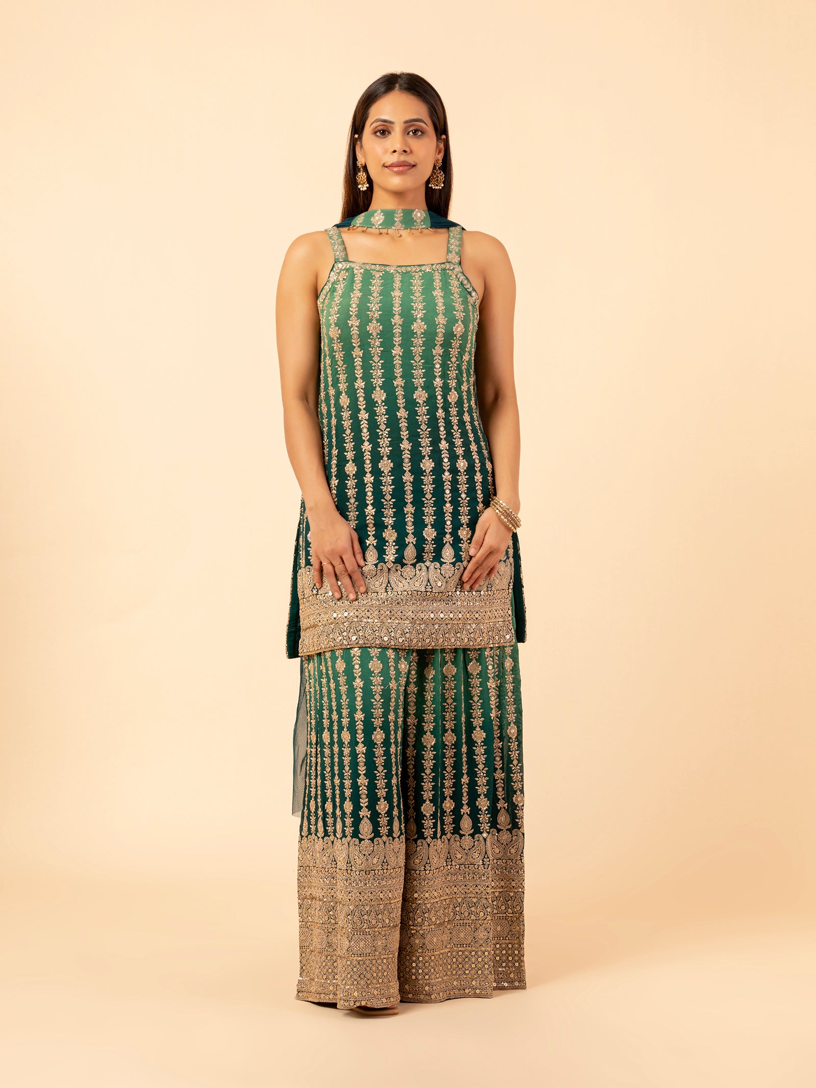 Emerald Gilded Floral Vines Sharara Ensemble
