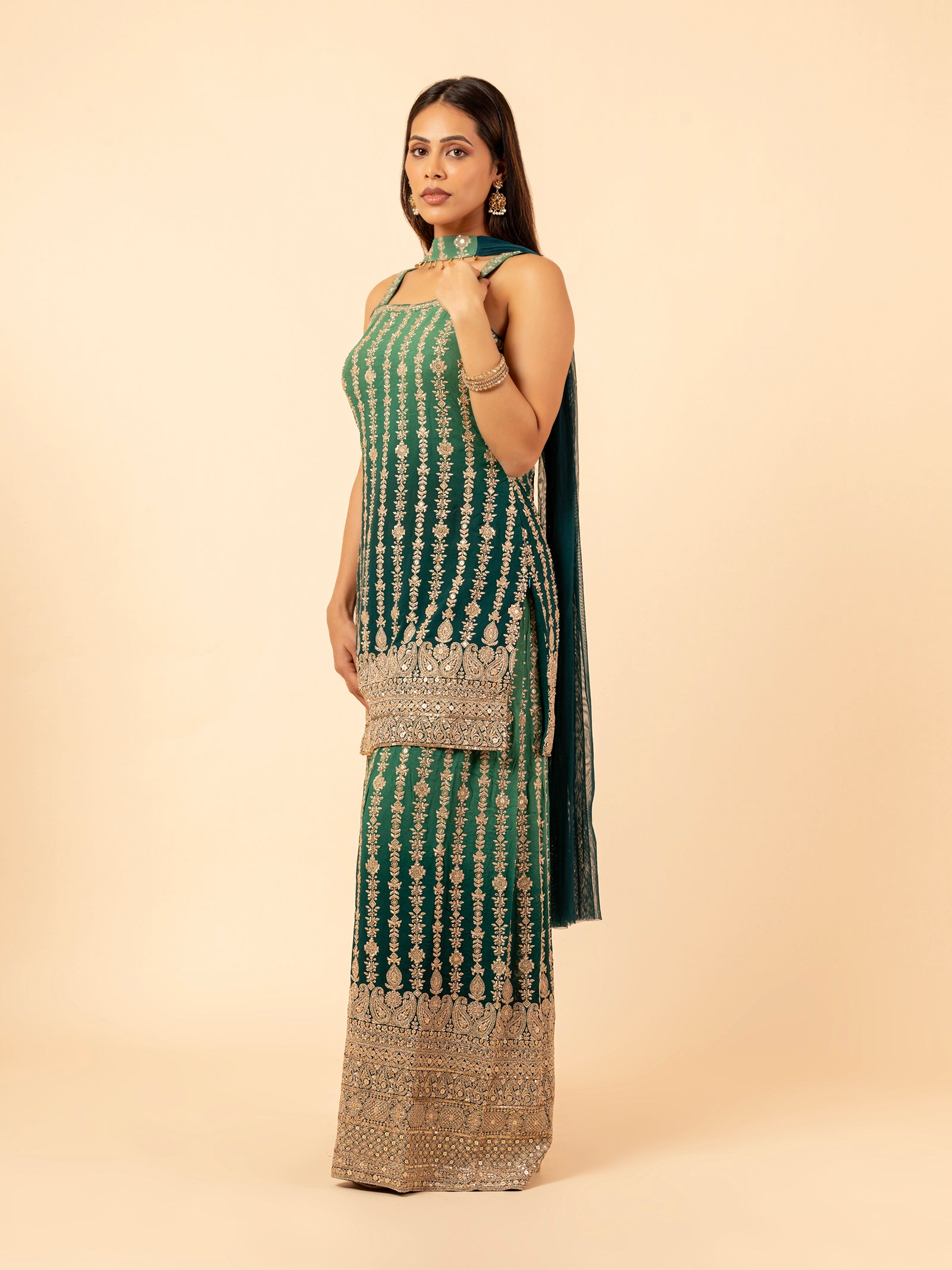Emerald Gilded Floral Vines Sharara Ensemble