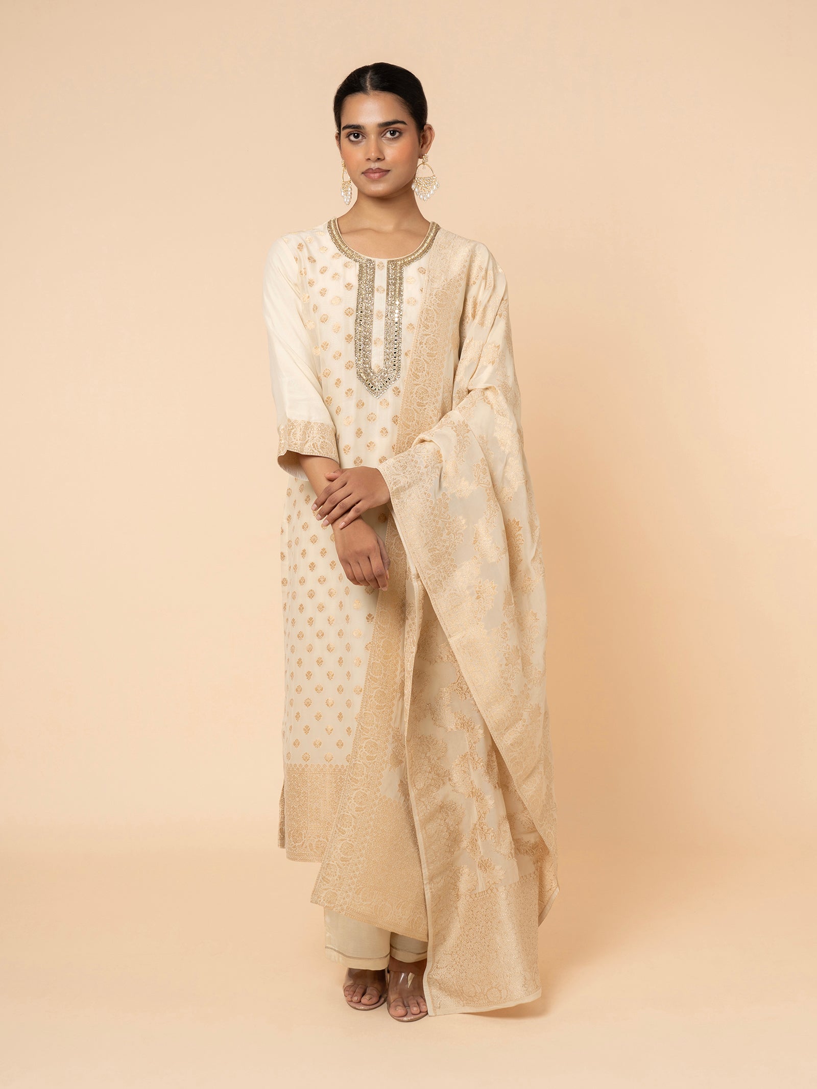 Ivory Silk Suit with Gold Weaving