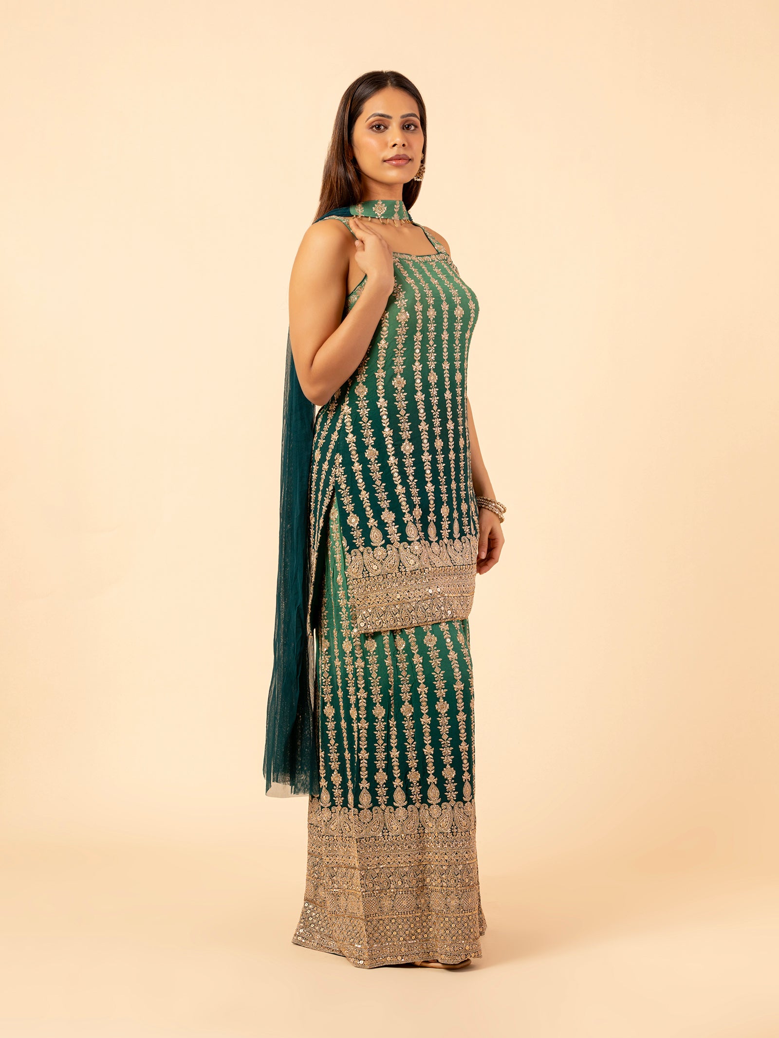 Emerald Gilded Floral Vines Sharara Ensemble