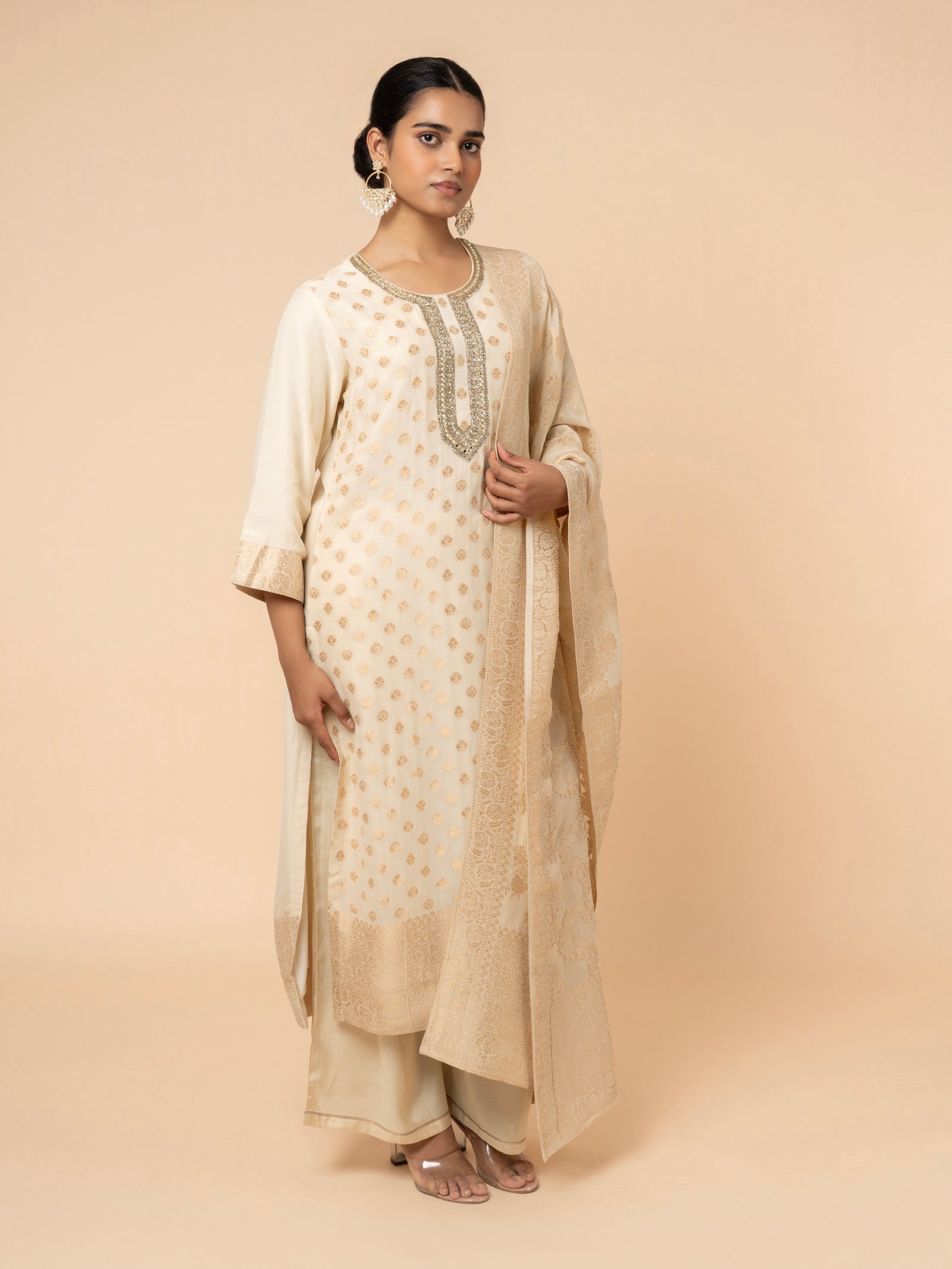 Ivory Silk Suit with Gold Weaving