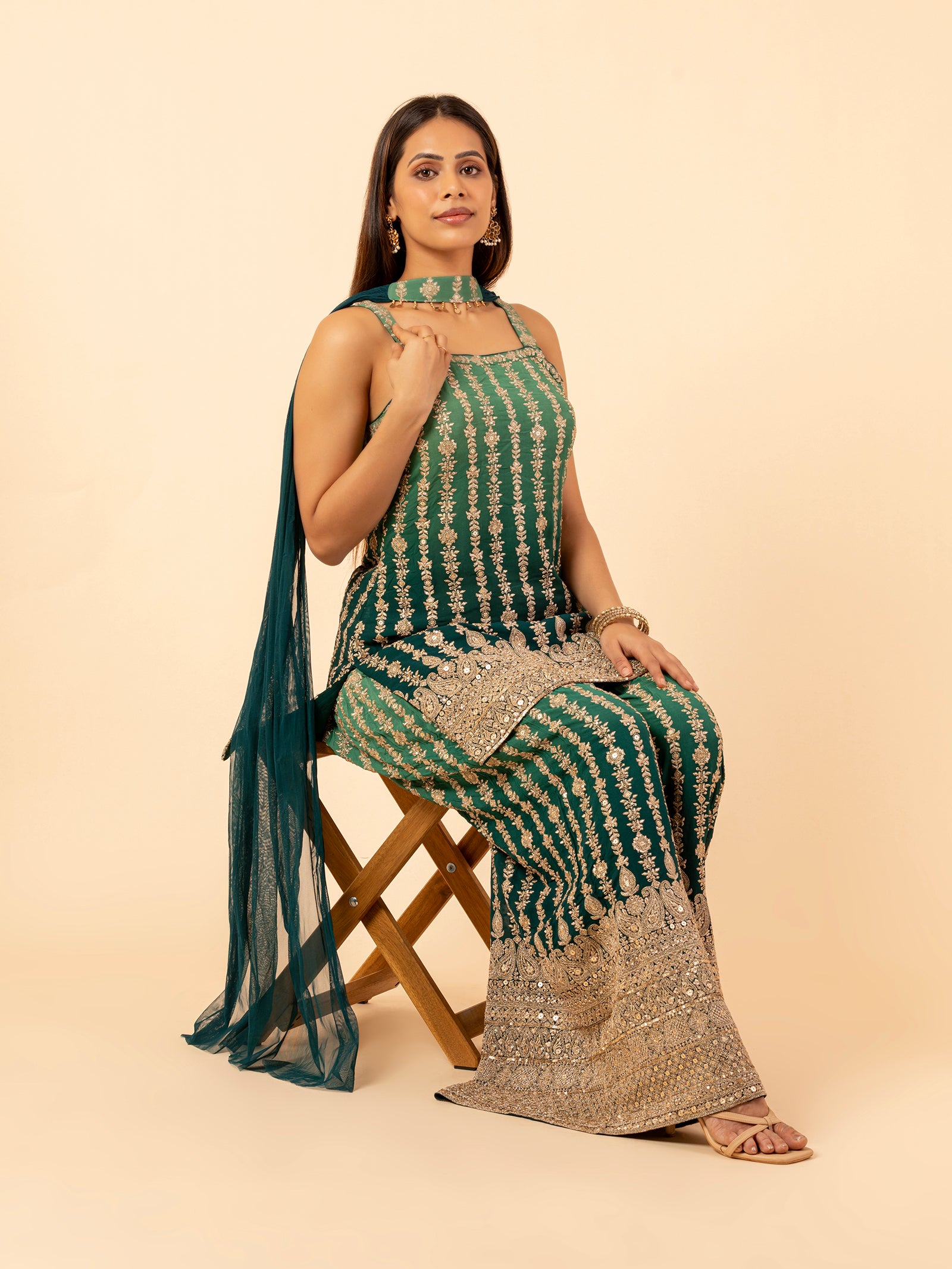 Emerald Gilded Floral Vines Sharara Ensemble