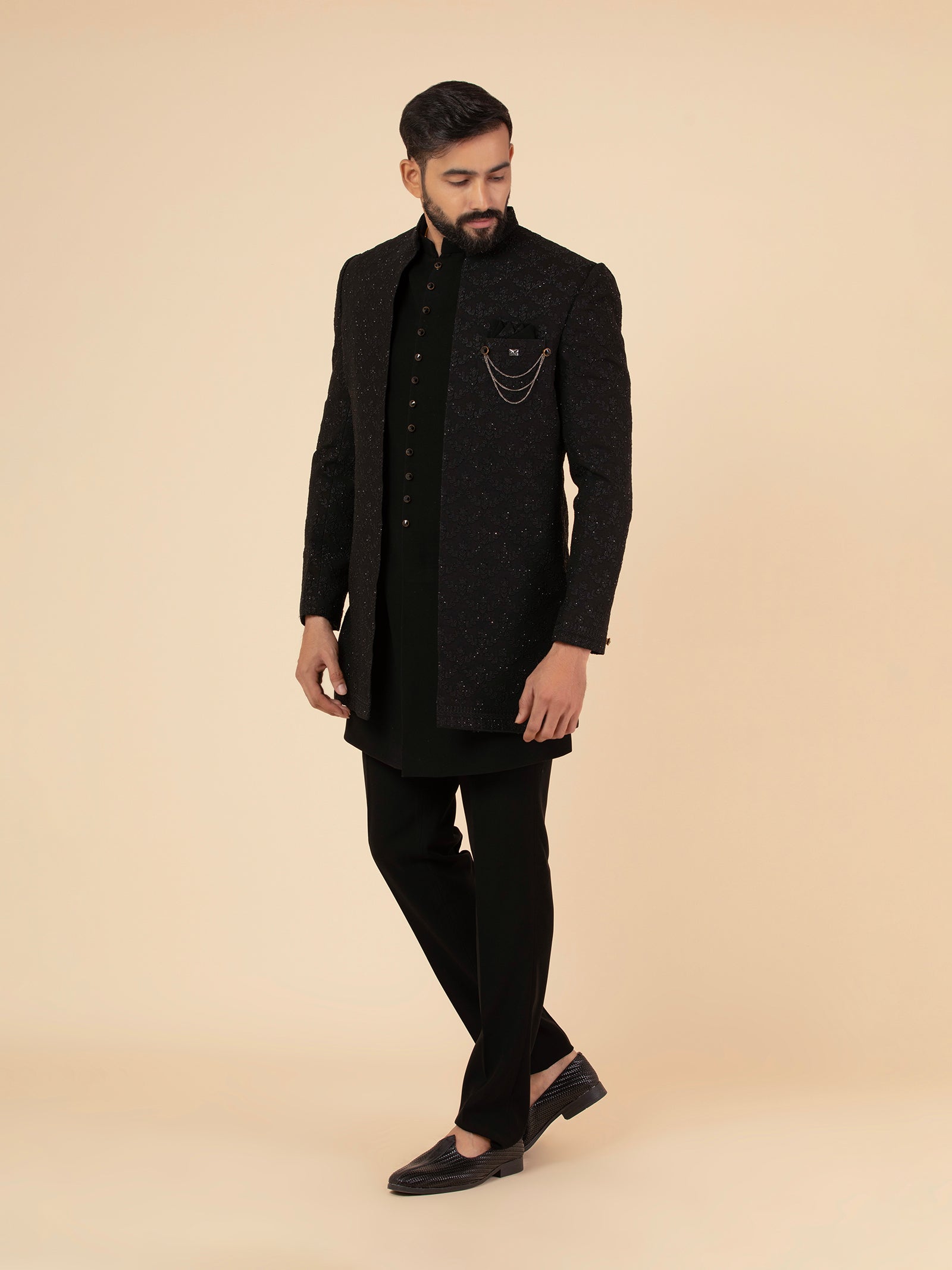 Onyx Arabesque Threadwork Indowestern Set