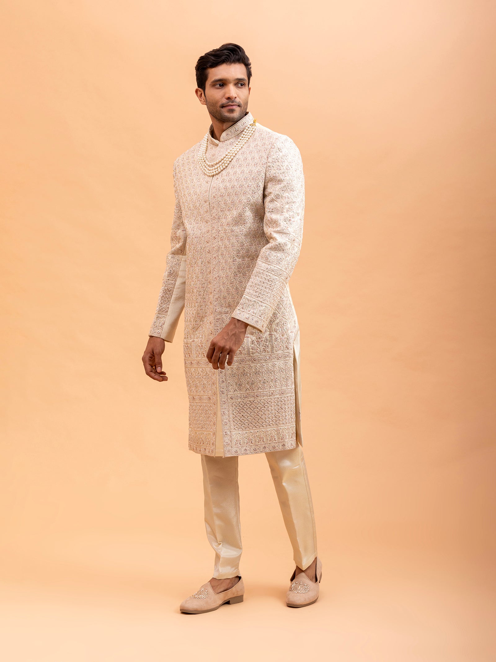 Beige Diamond Embroidered Sherwani Set