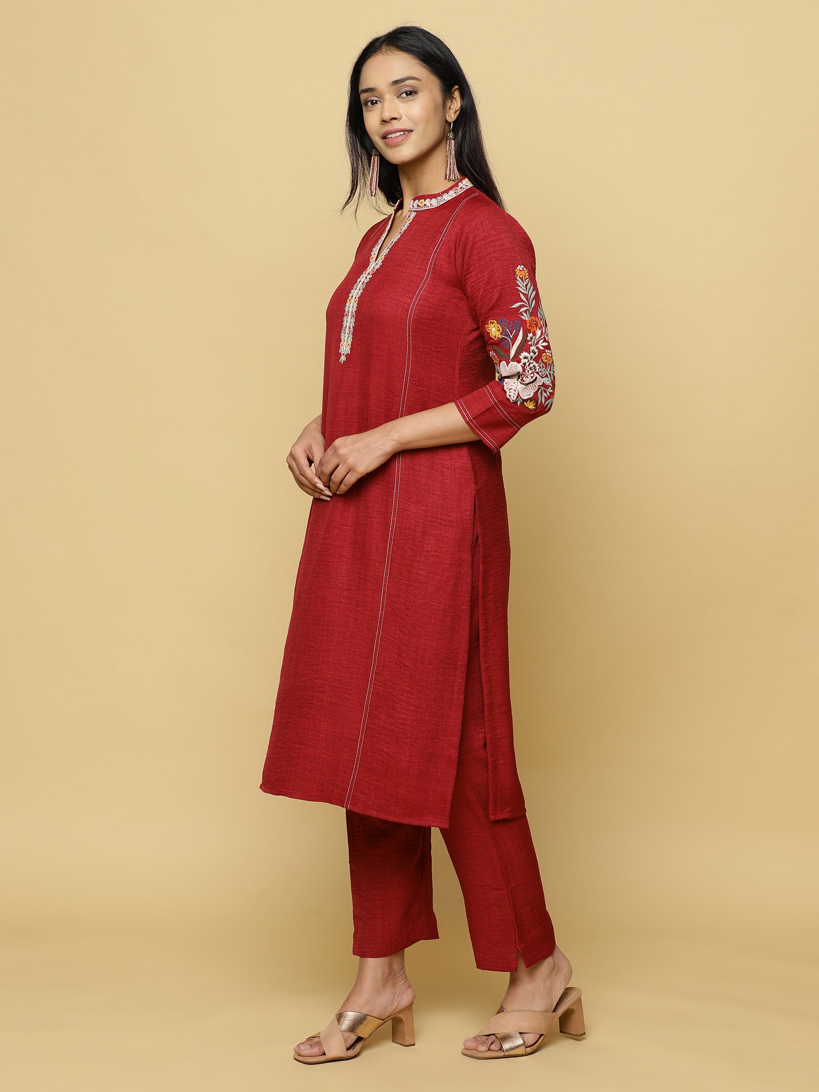 Red Embroidered Tunic Co-ord Set