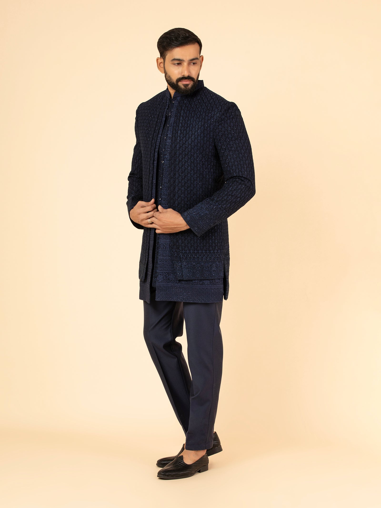 Indigo Diamond Lattice Indowestern Set