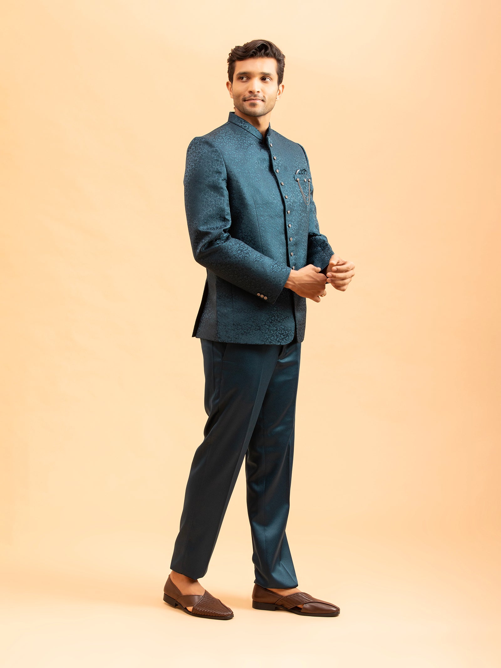 Deep Teal Floral Jacquard Jodhpuri Set