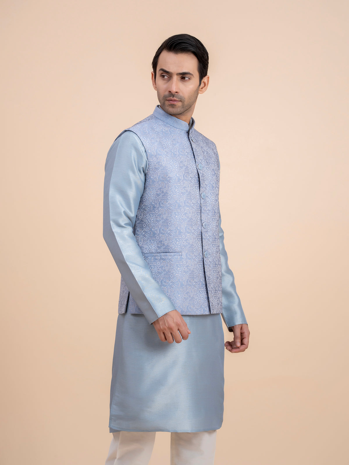 Dusty Blue Embroidered Nehru Jacket