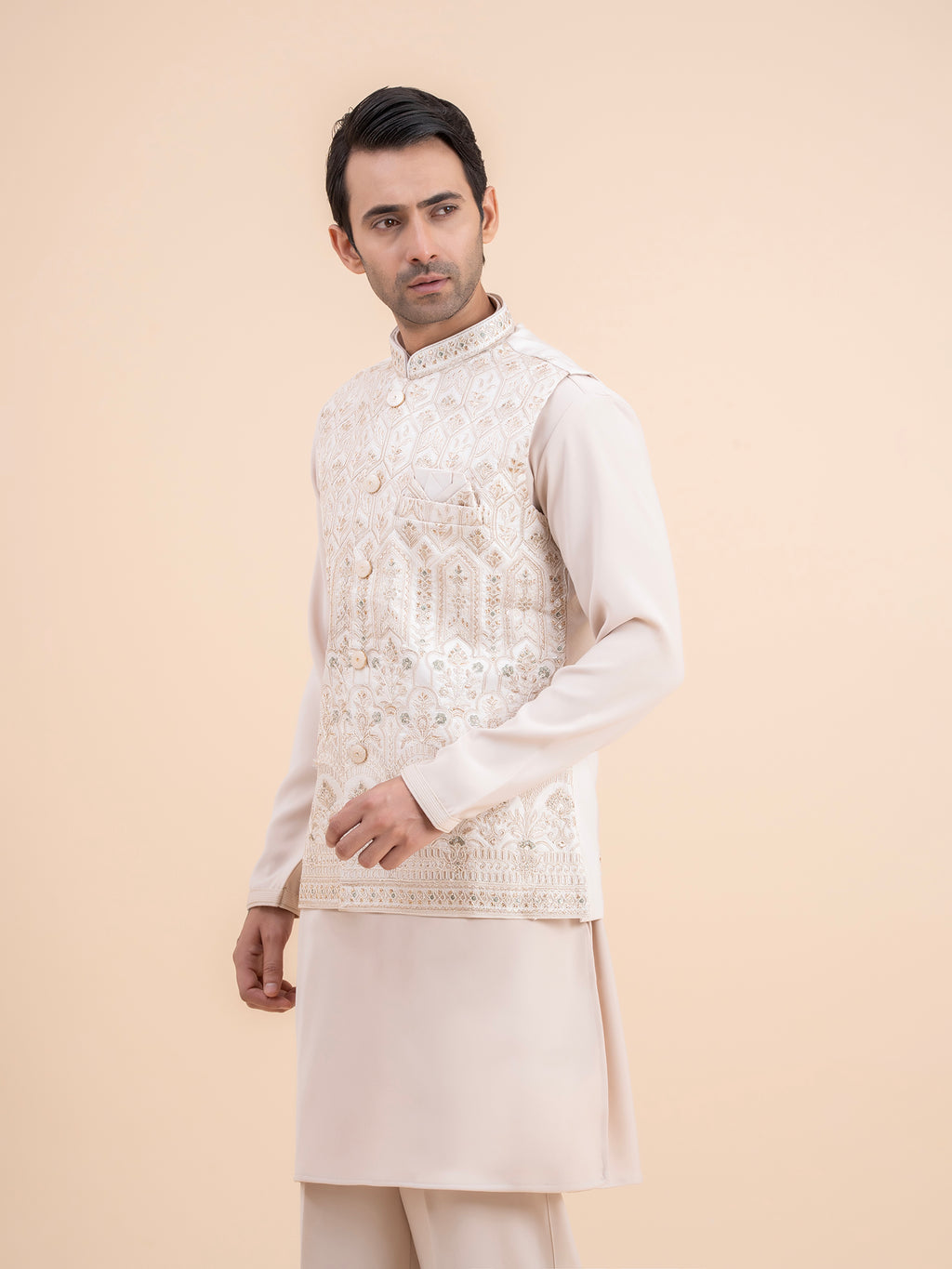 Cream Heavy Embroidered Nehru Jacket
