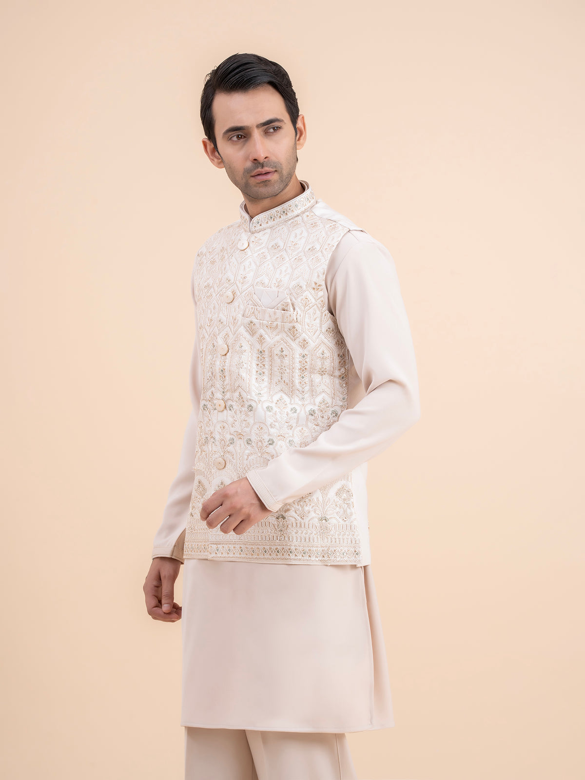 Cream Heavy Embroidered Nehru Jacket