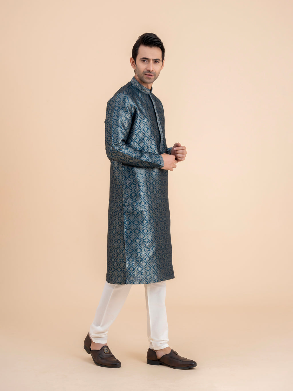 Navy Brocade Kurta Set