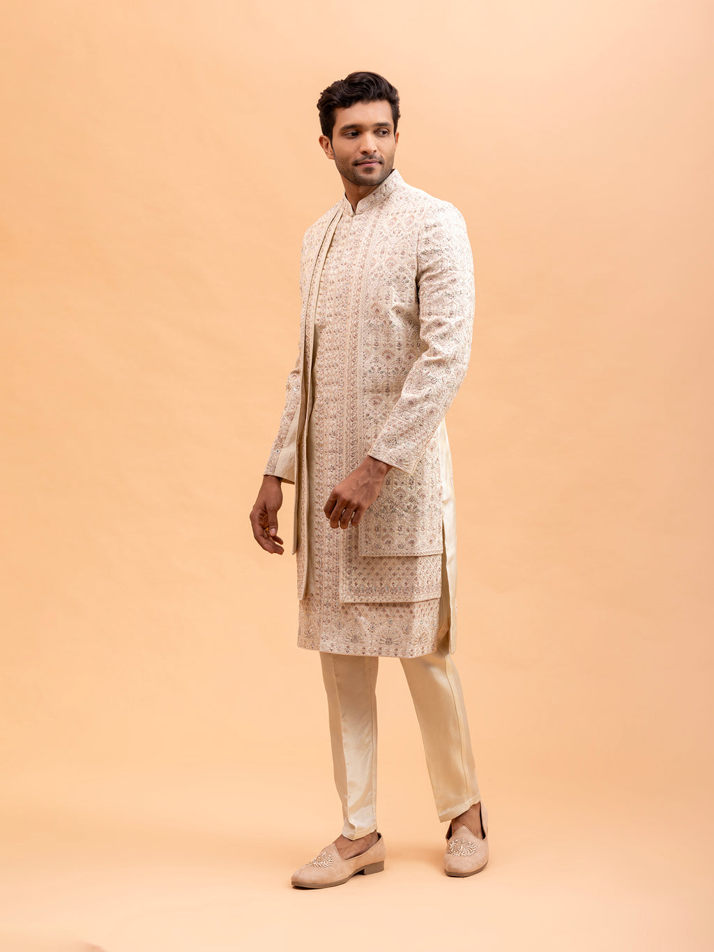 Golden Floral Embroidered Sherwani Set