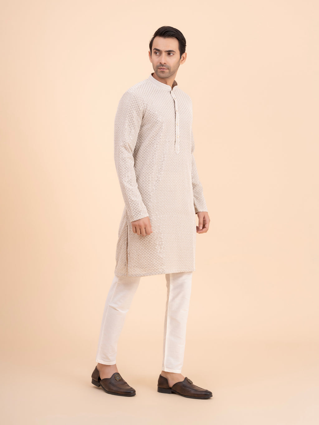 Soft Taupe Chikankari Embroidred Kurta Set