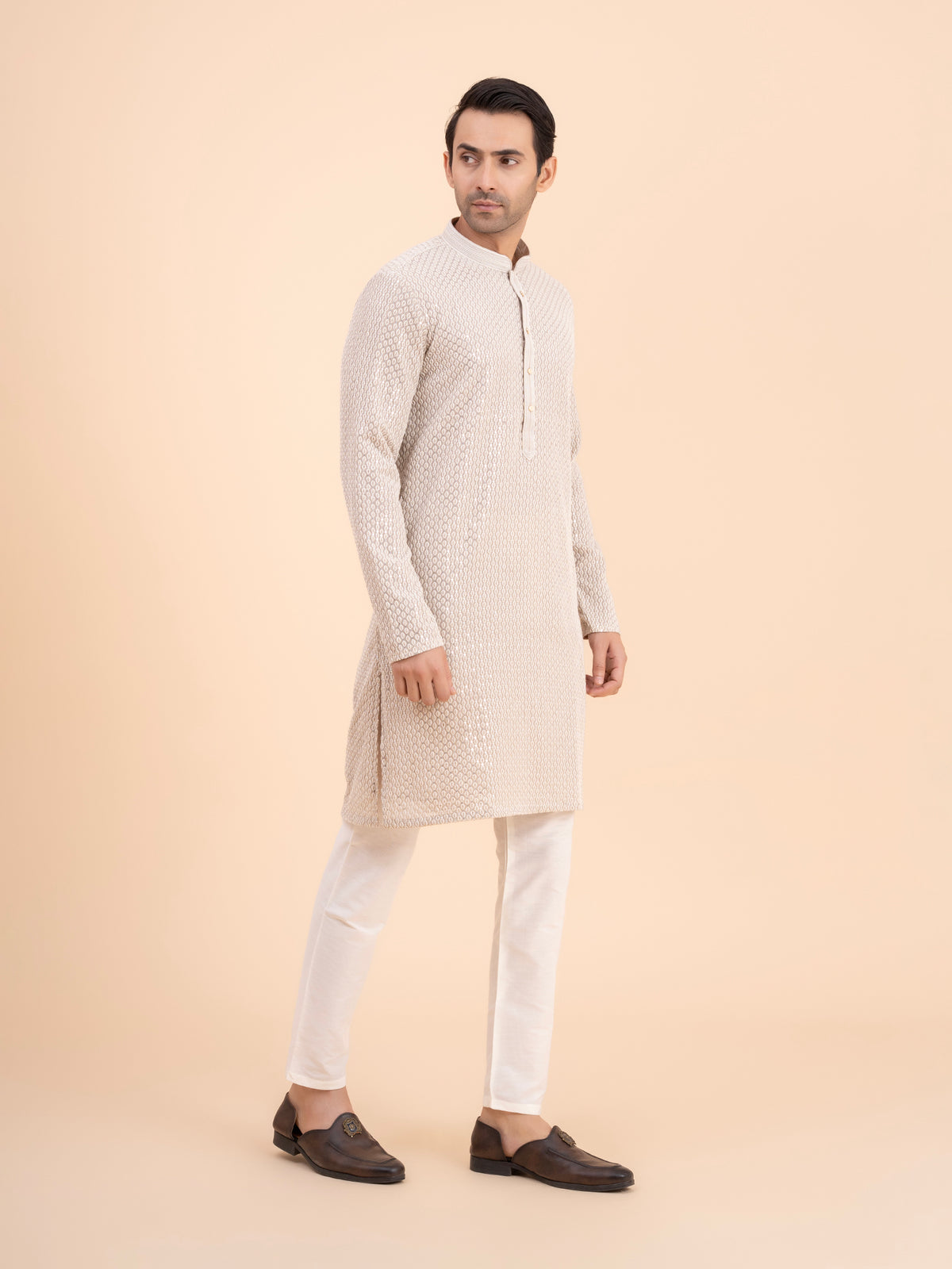 Soft Taupe Chikankari Embroidred Kurta Set
