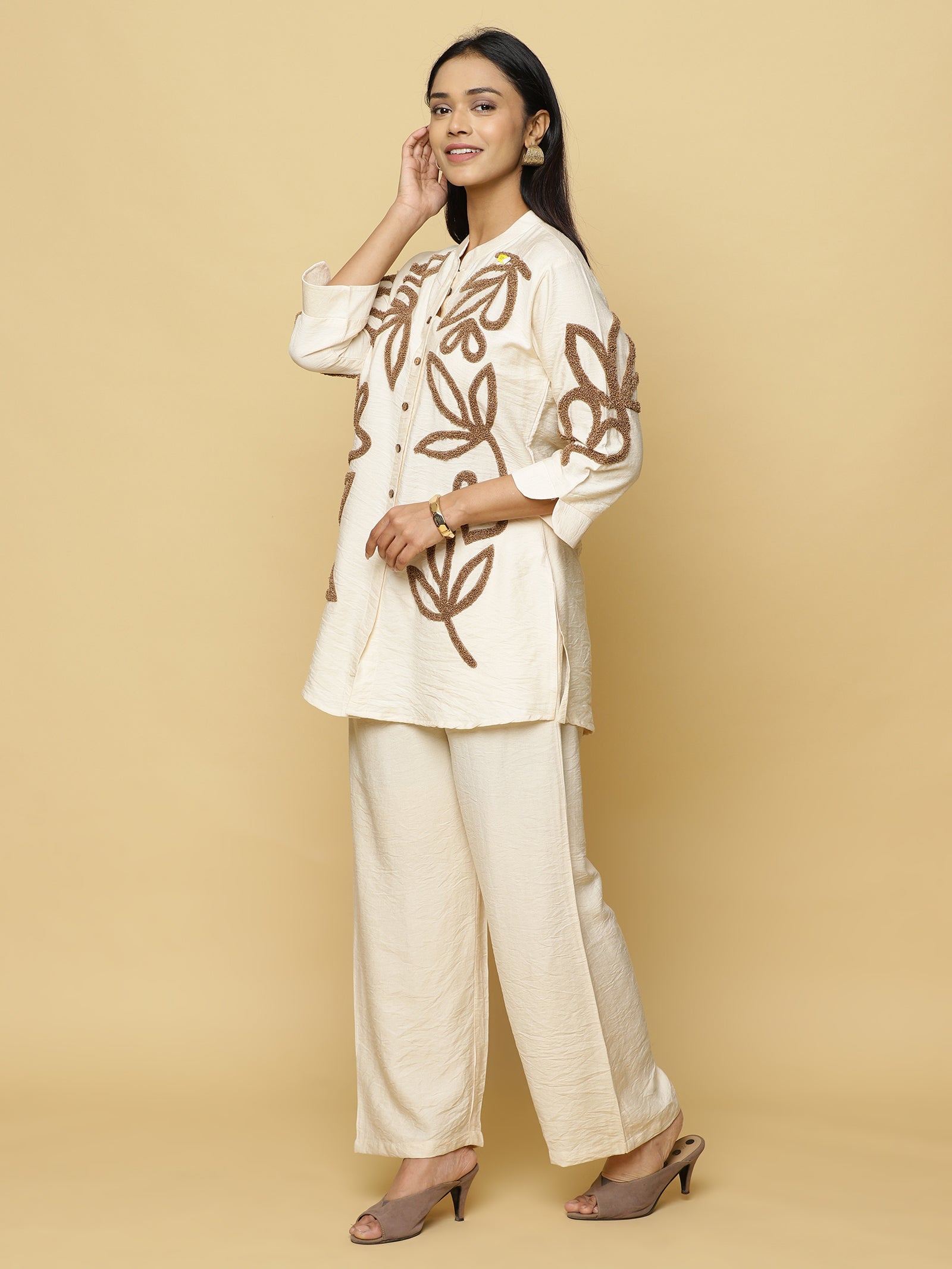 Cream Floral Placket Co-ord Set