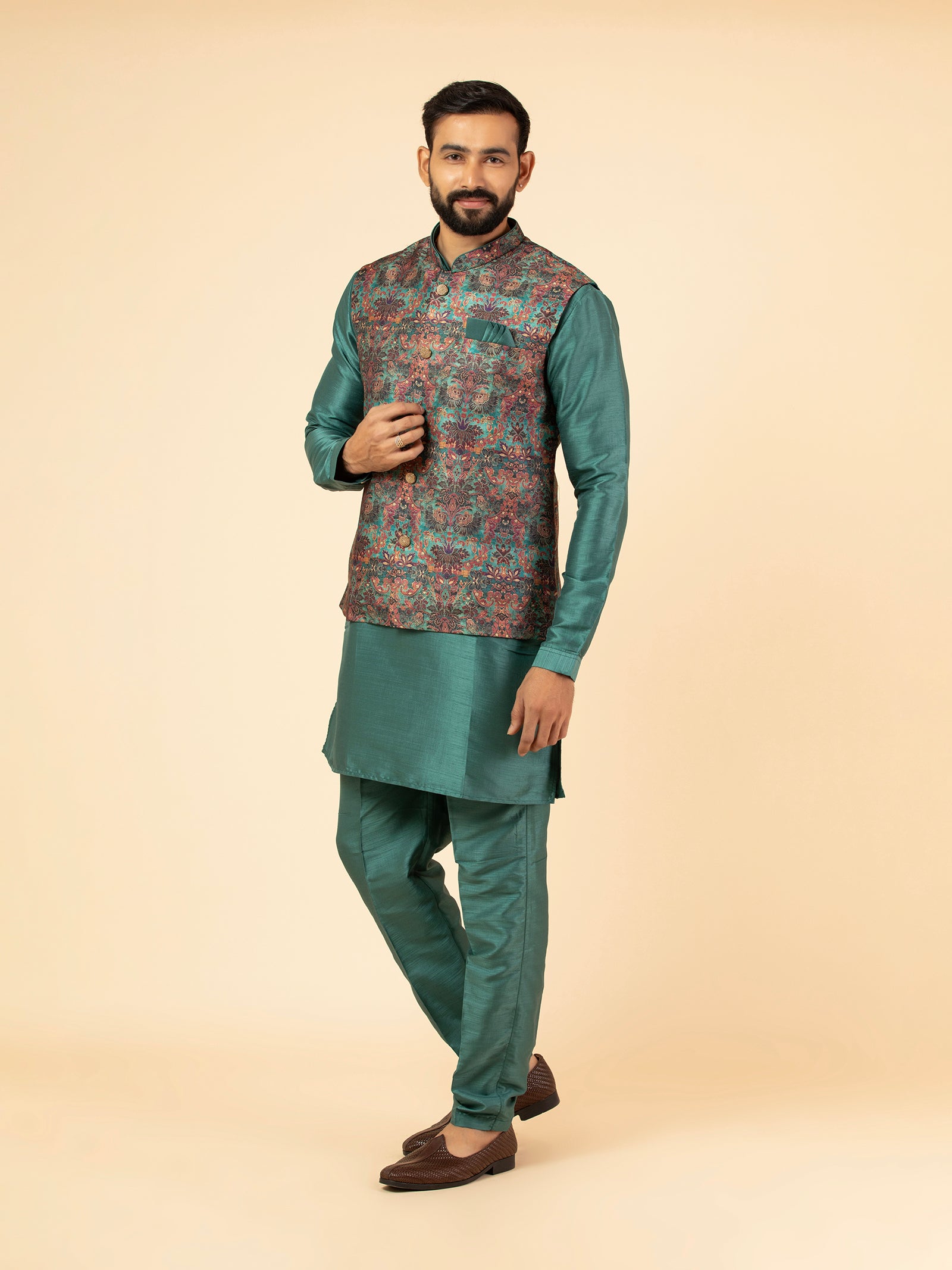 Teal Tapestry Brocade Jacket Set