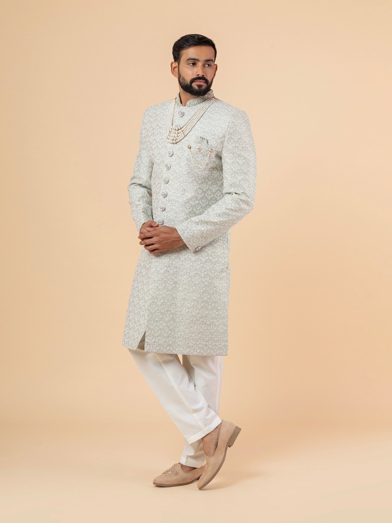 Sage Grey Minimalist Embroidered Sherwani