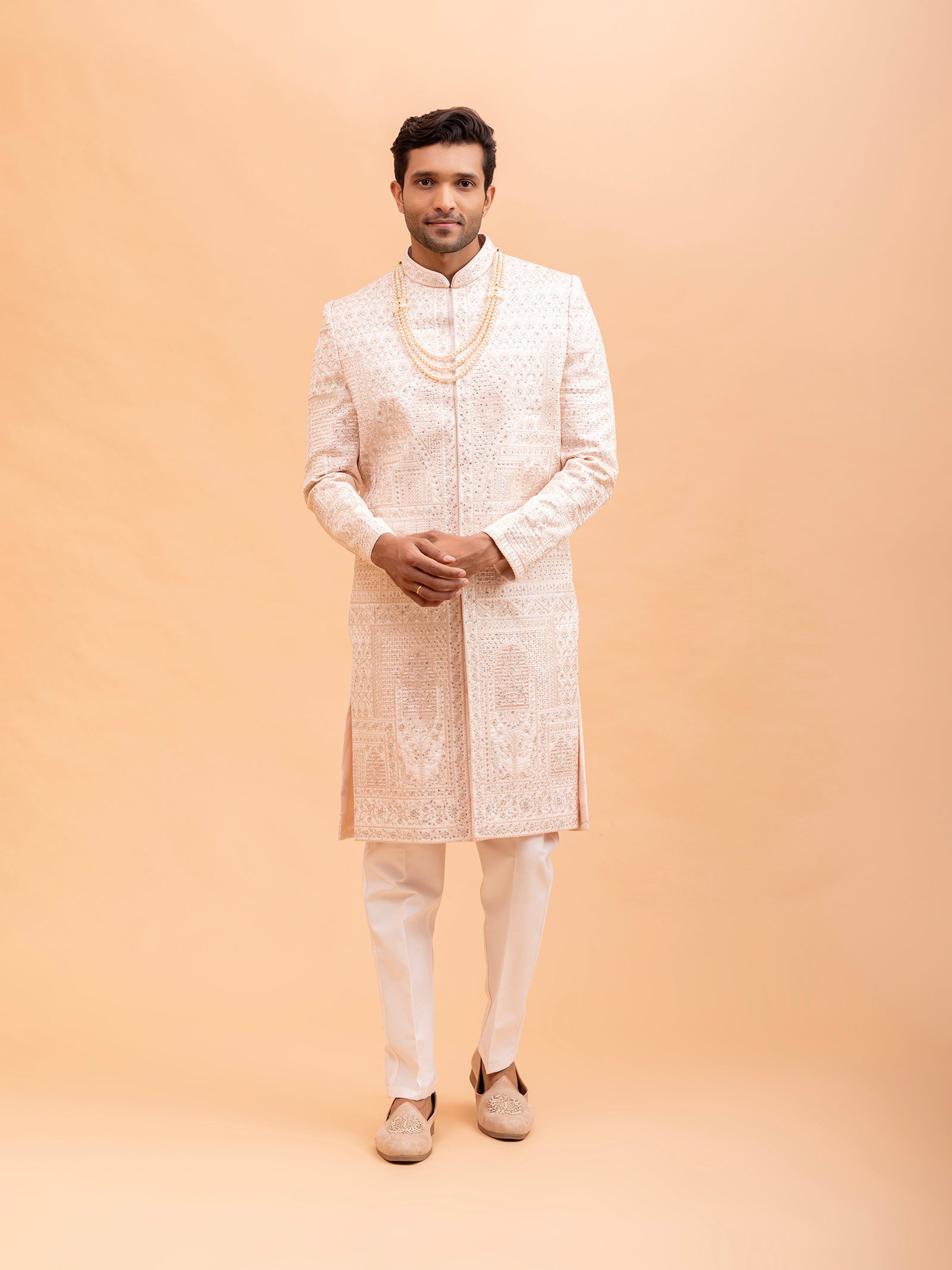Blush Pink Geometric Embroidered Sherwani Set