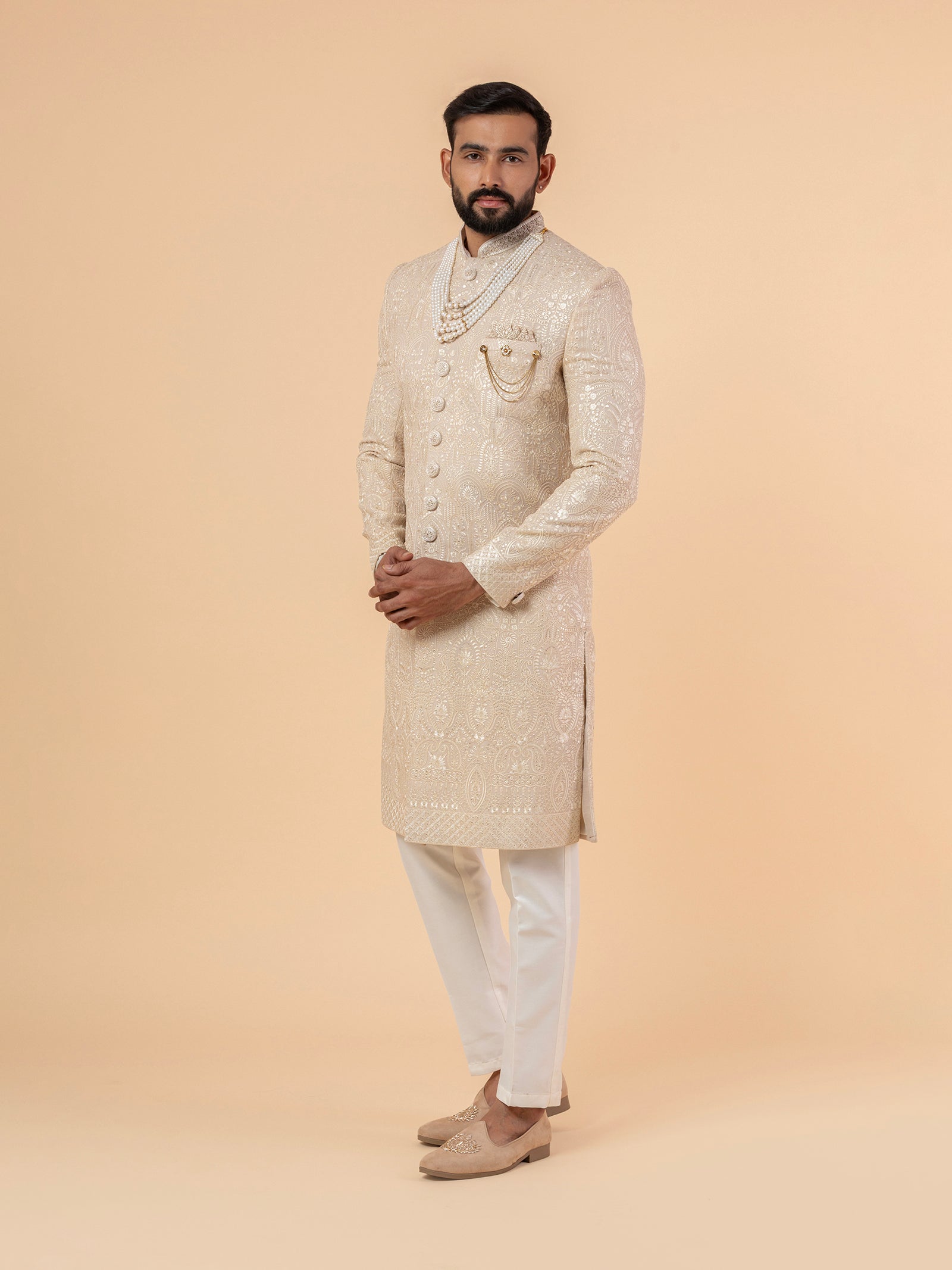 Ivory Grandeur Allover-Embroidered Sherwani