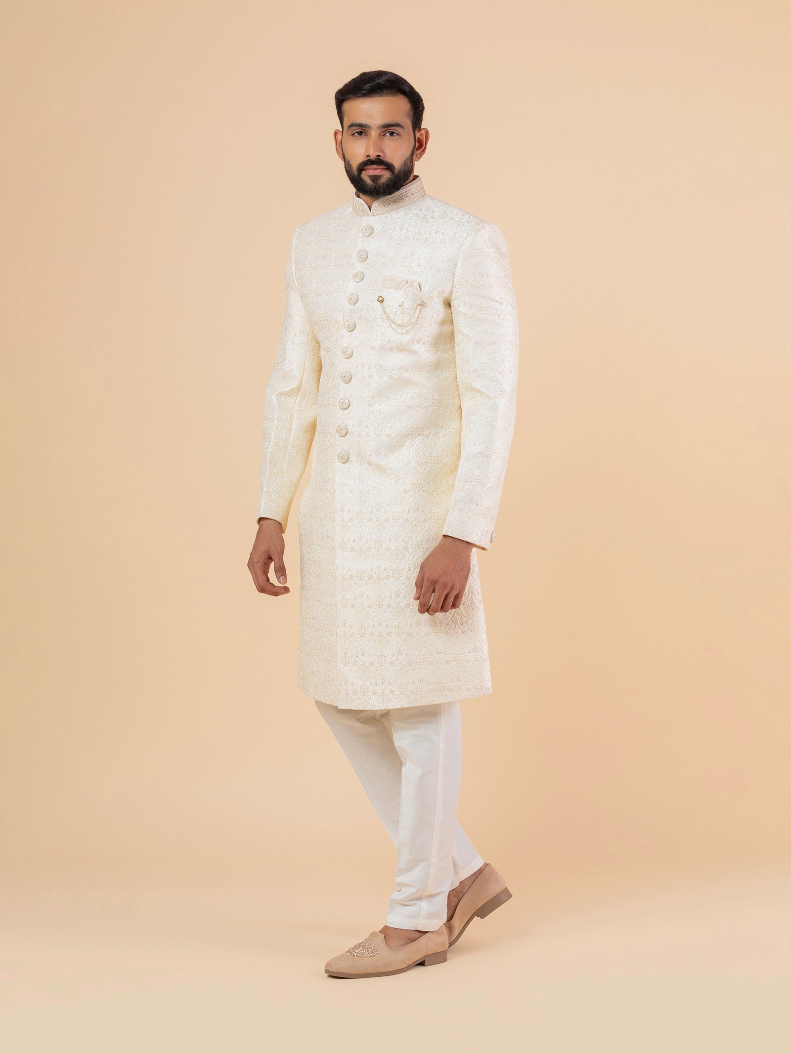 Slate Grey Minimalist Embroidered Sherwani Set