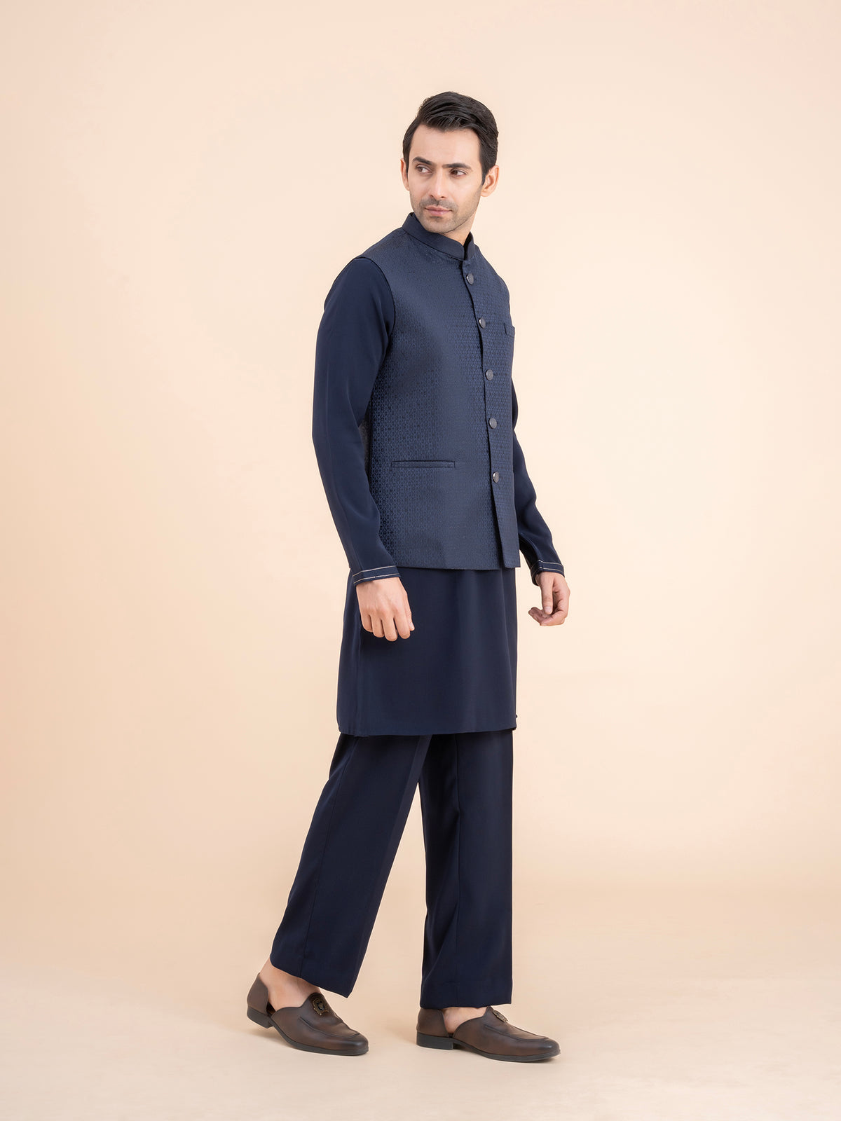 Dark Navy Textured Nehru Jacket