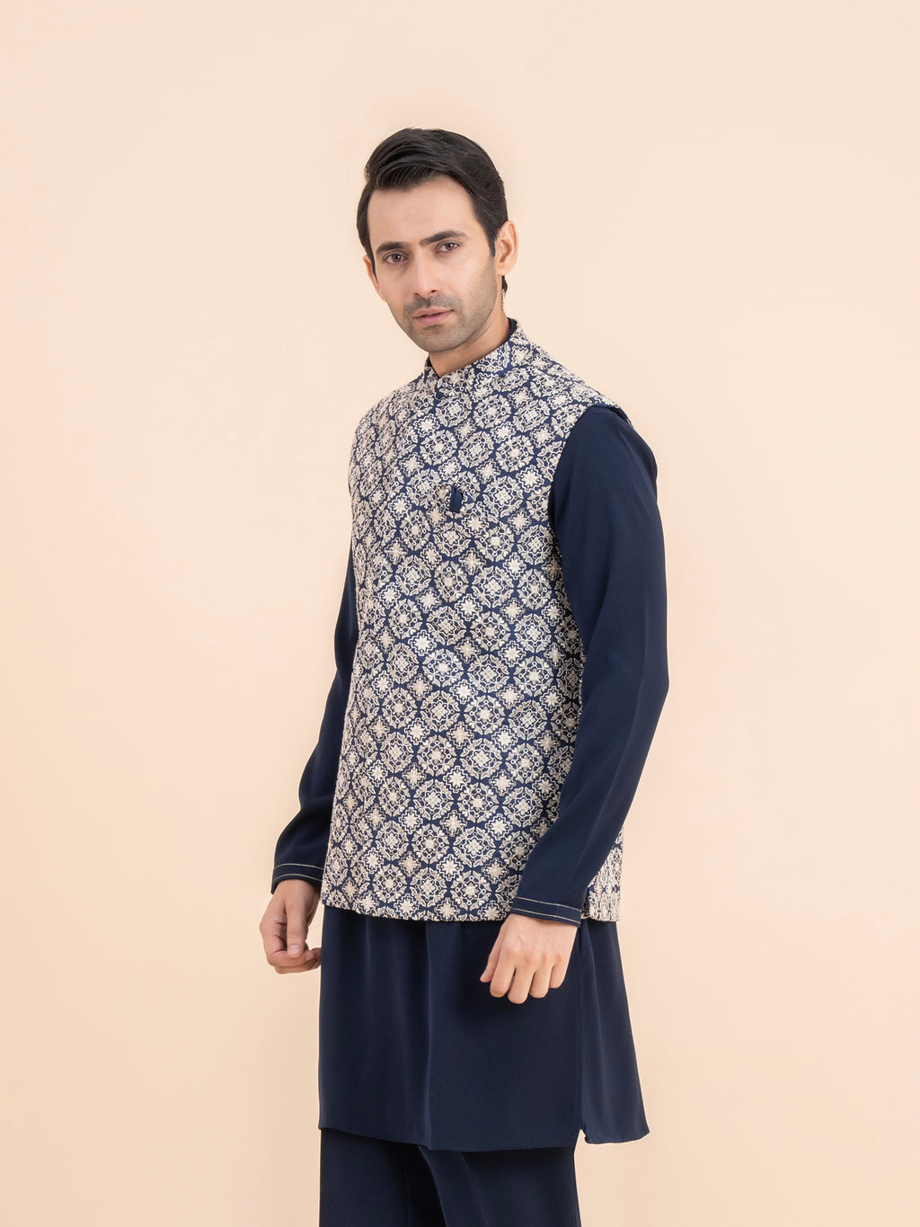 Navy Woven Motif Nehru Jacket