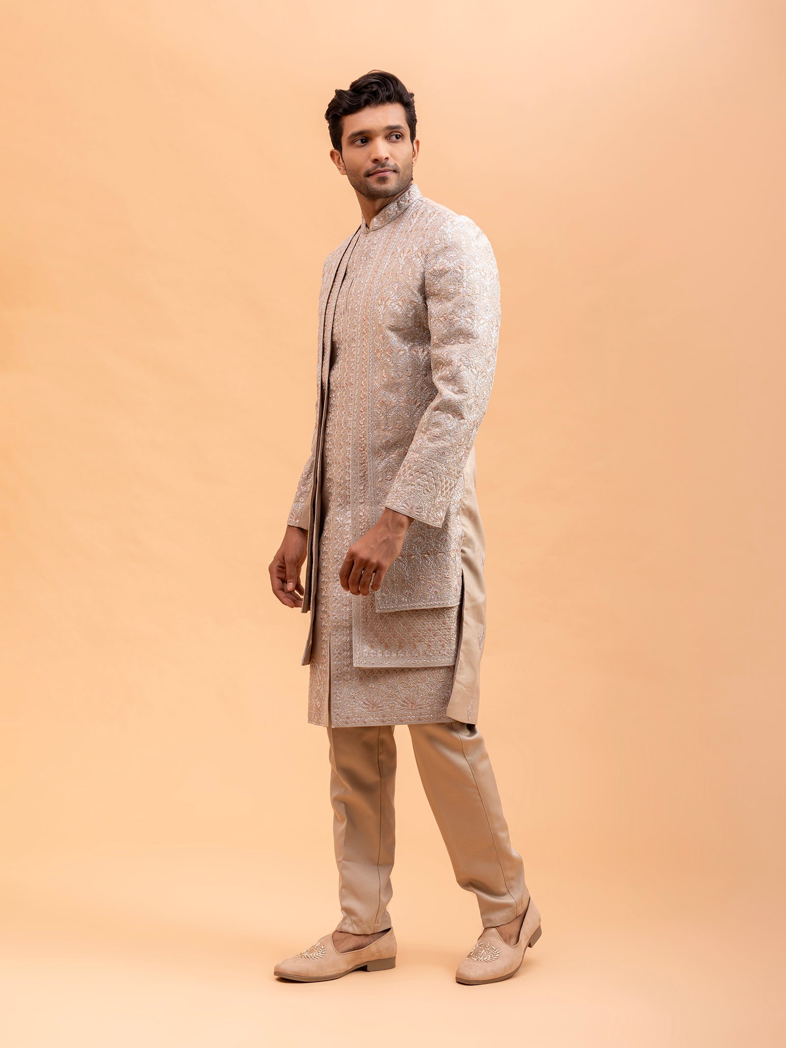Beige Floral Embroidered Sherwani Set