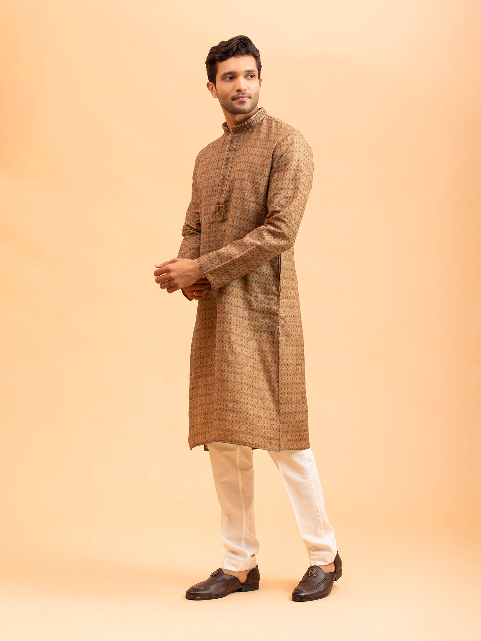 Earth-Tone Geometric Patterned Kurta