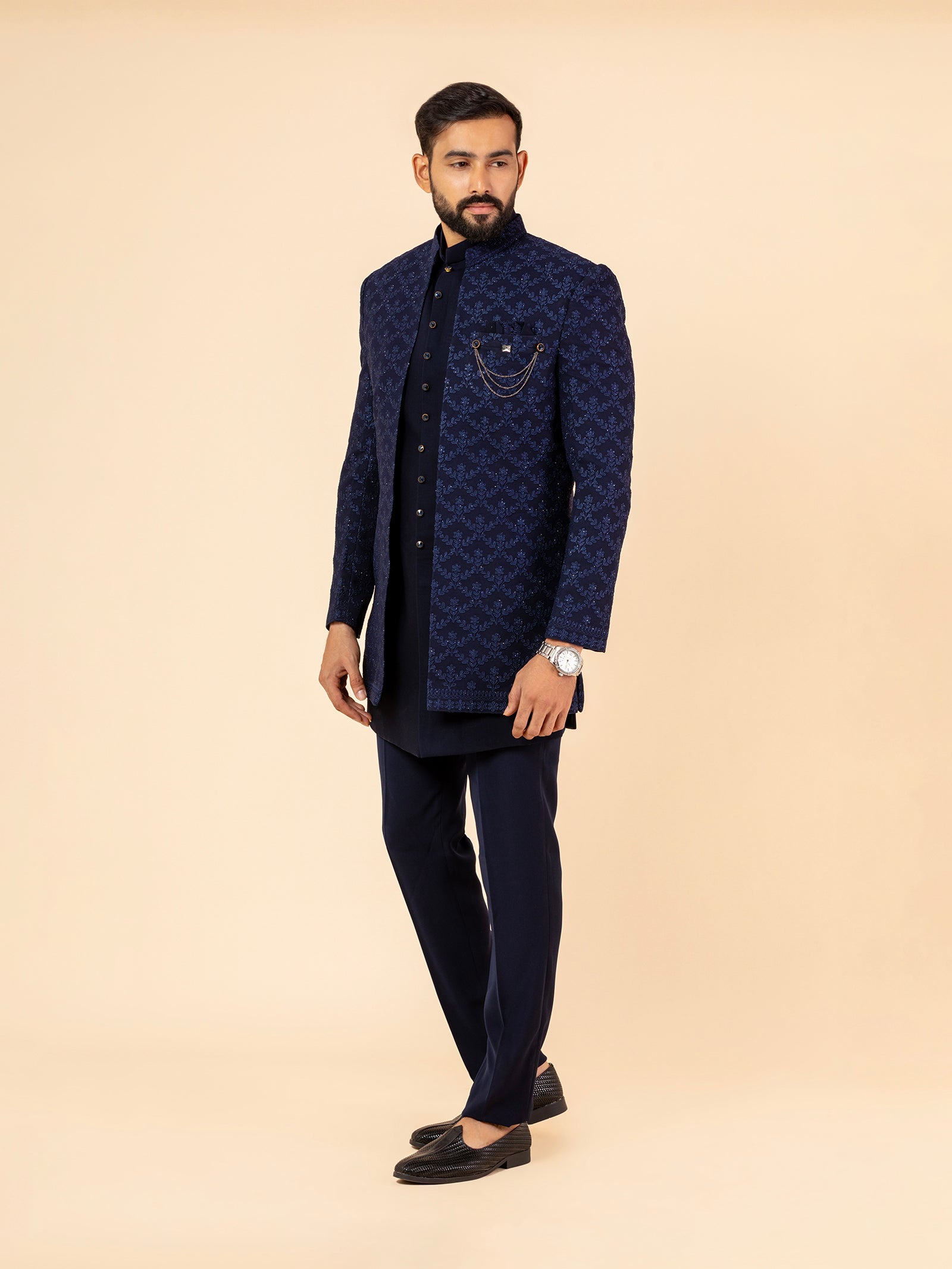 Deep Indigo Floral Threadwork Indowestern Set