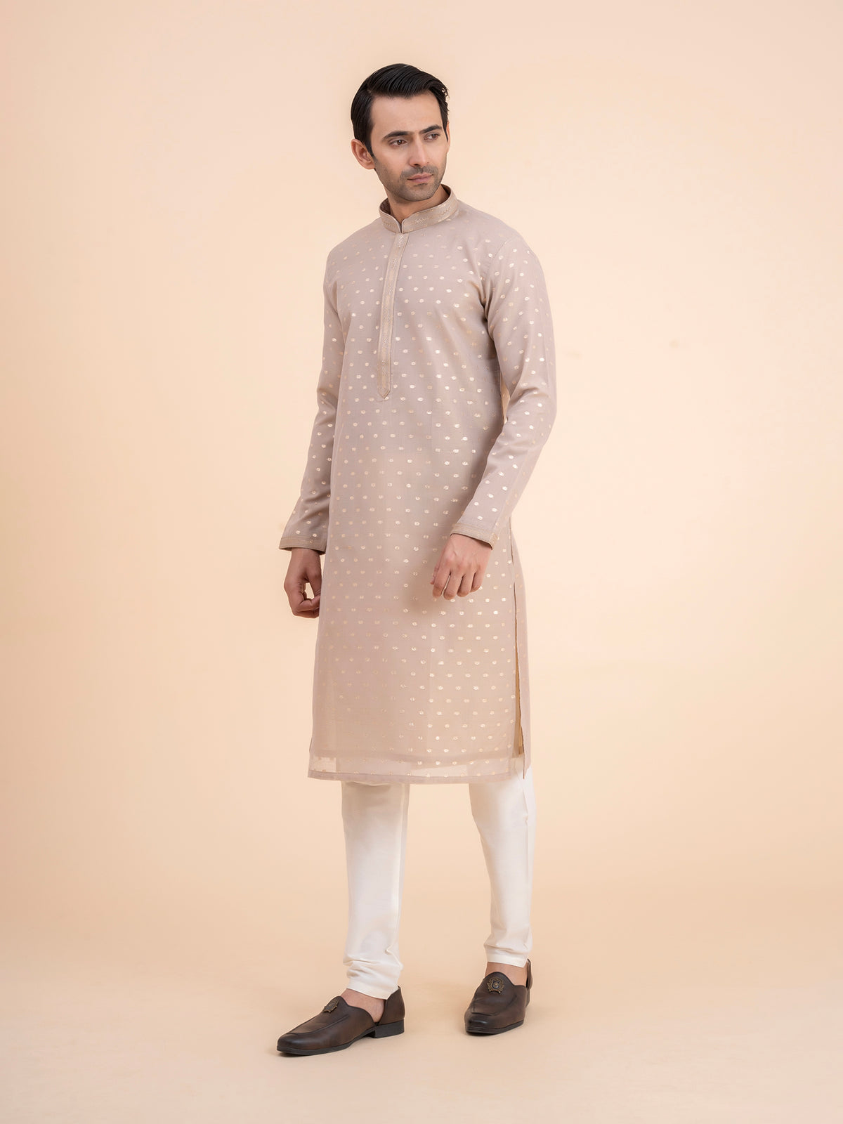 Beige Woven Kurta Set