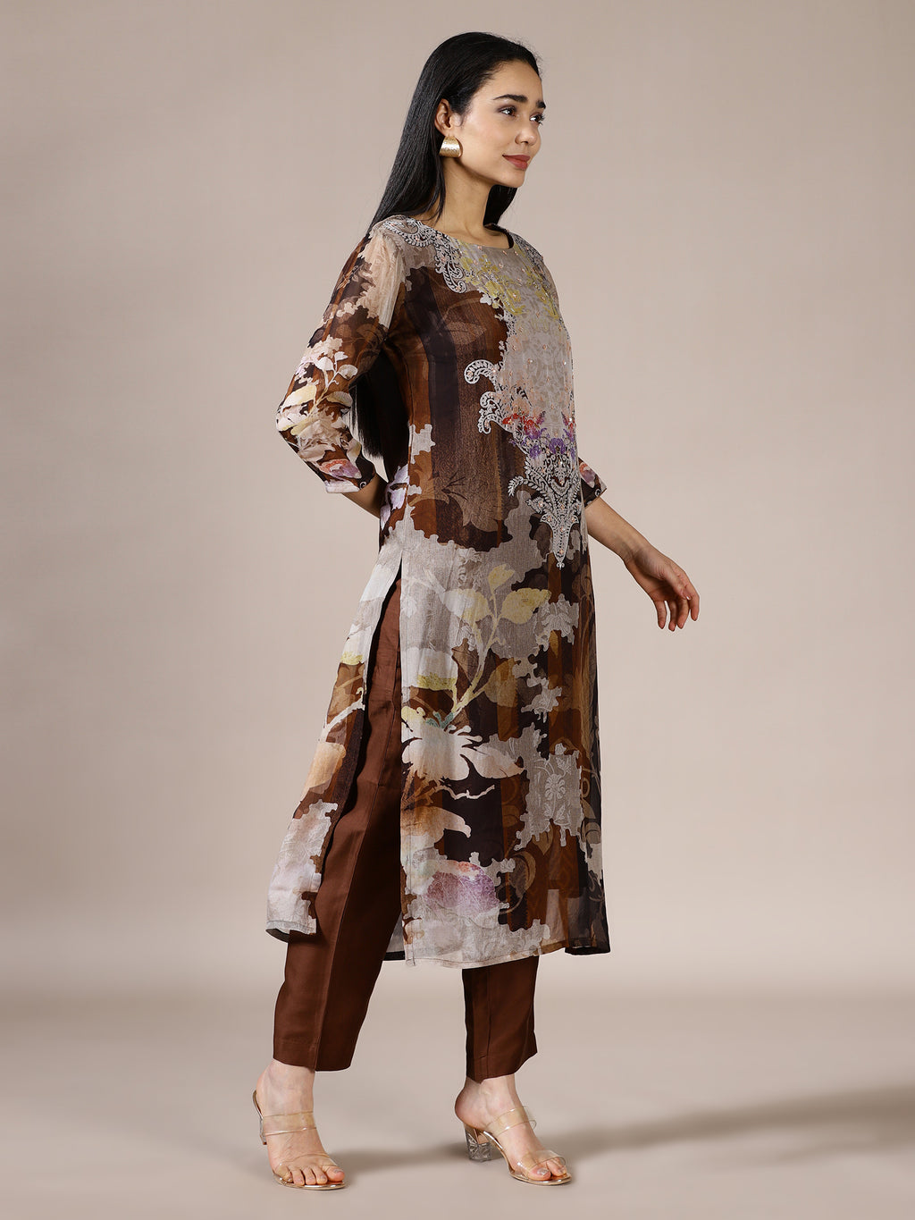 Brown Abstract Print Suit Set