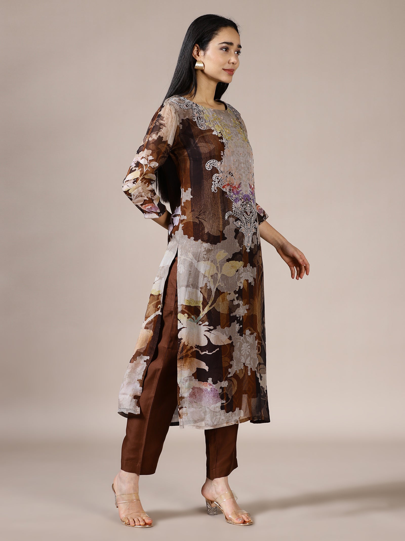 Brown Abstract Print Suit Set