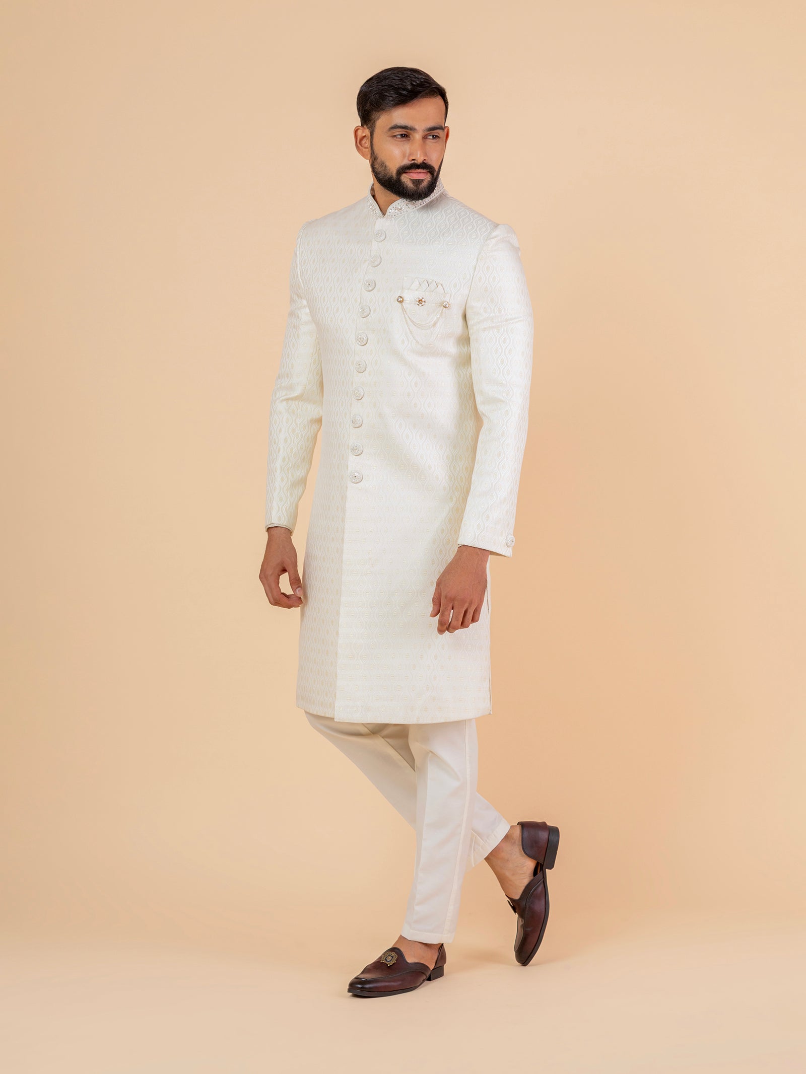 Ivory Damask Patterned Sherwani