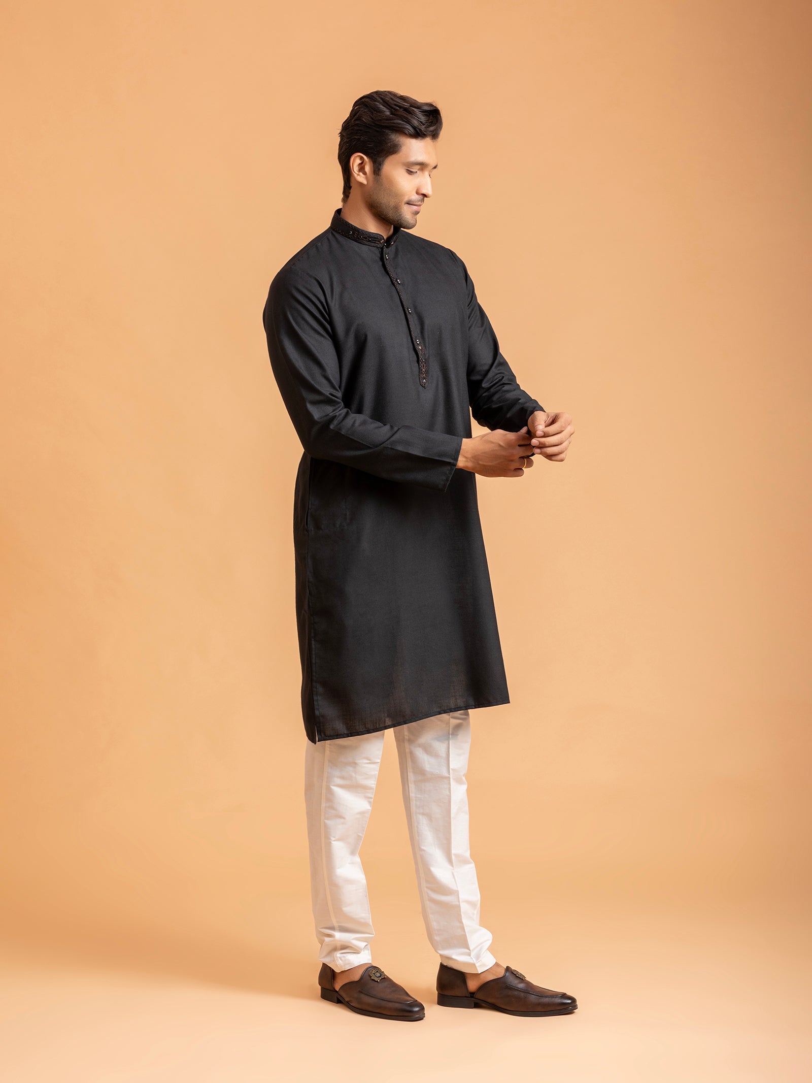 Black Embroidered Placket Kurta Set