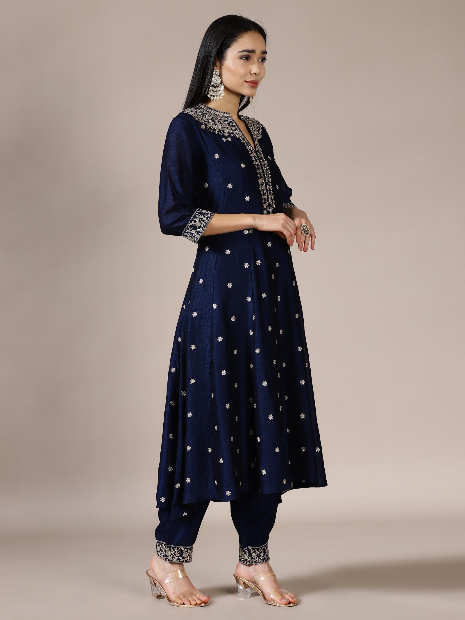 Midnight Blue A-Line Zari Work Suit Set