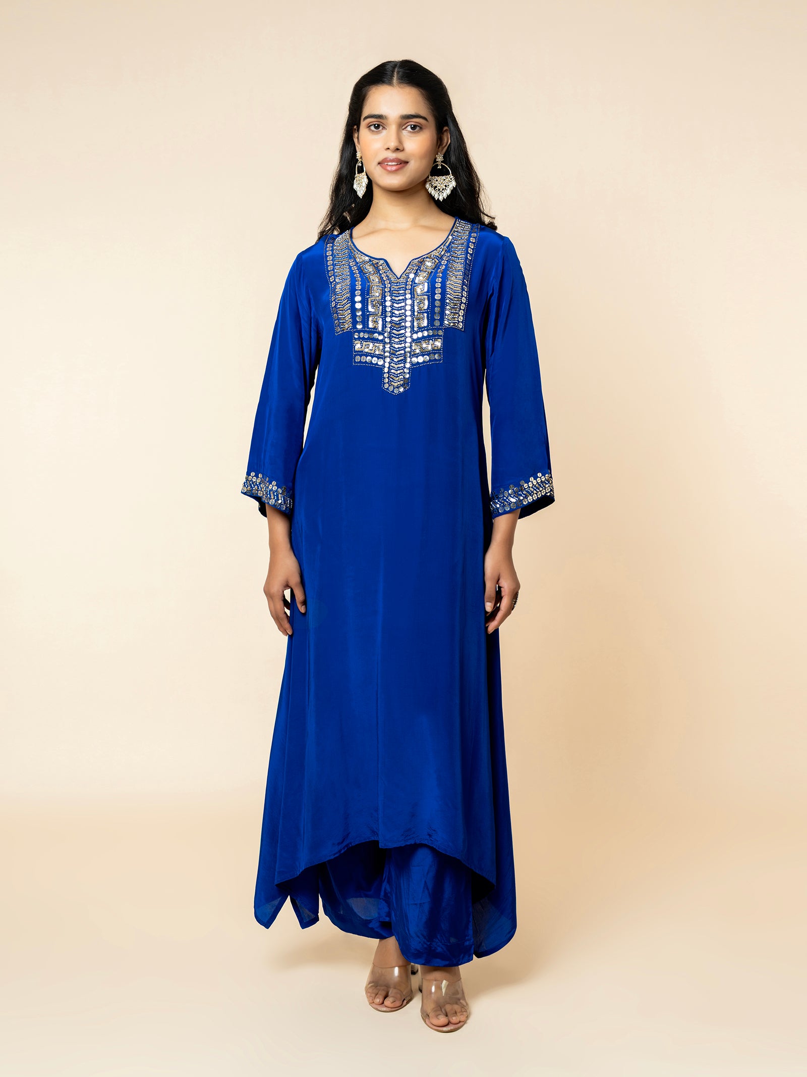 Royal Blue Silk Co-ord Set with Geometric Sequin Work