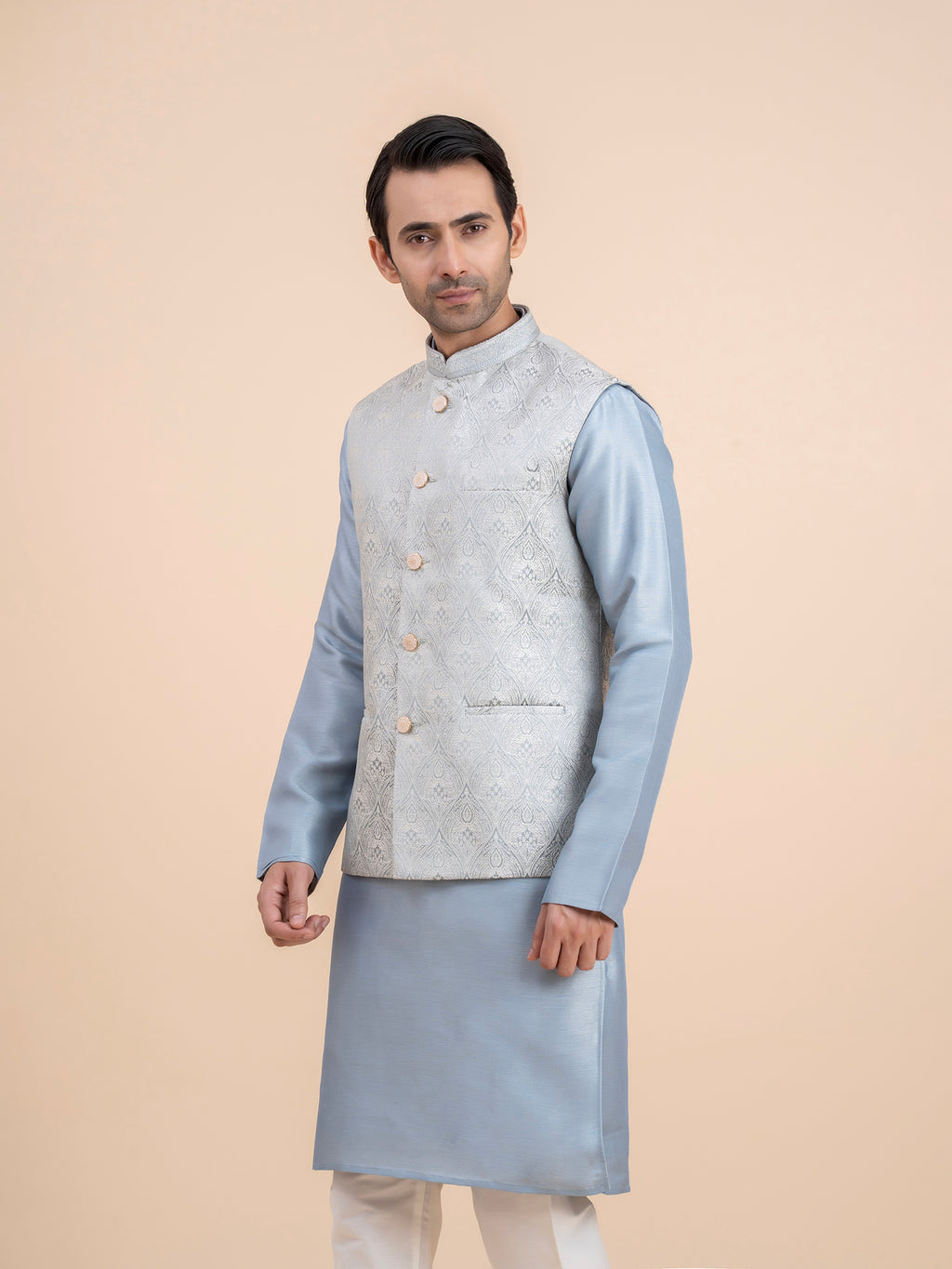 Silver Grey Embroidered Nehru Jacket