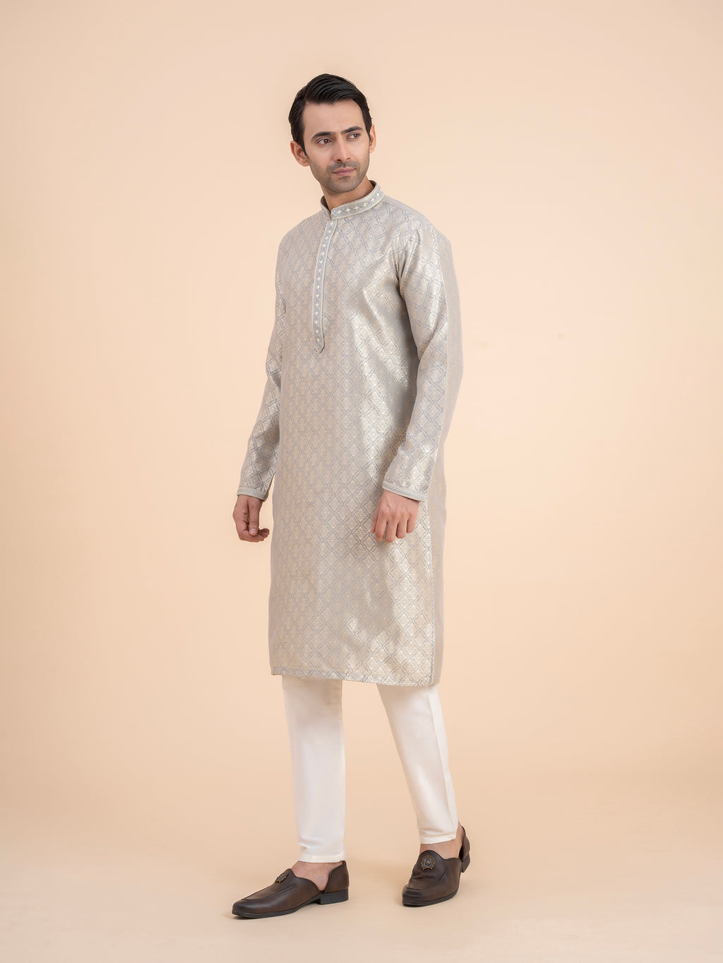Silver Brocade Kurta Set